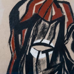 Charcoal Drawing Black, Beige, Red and White Michel Batlle 1987 Handworked Frame