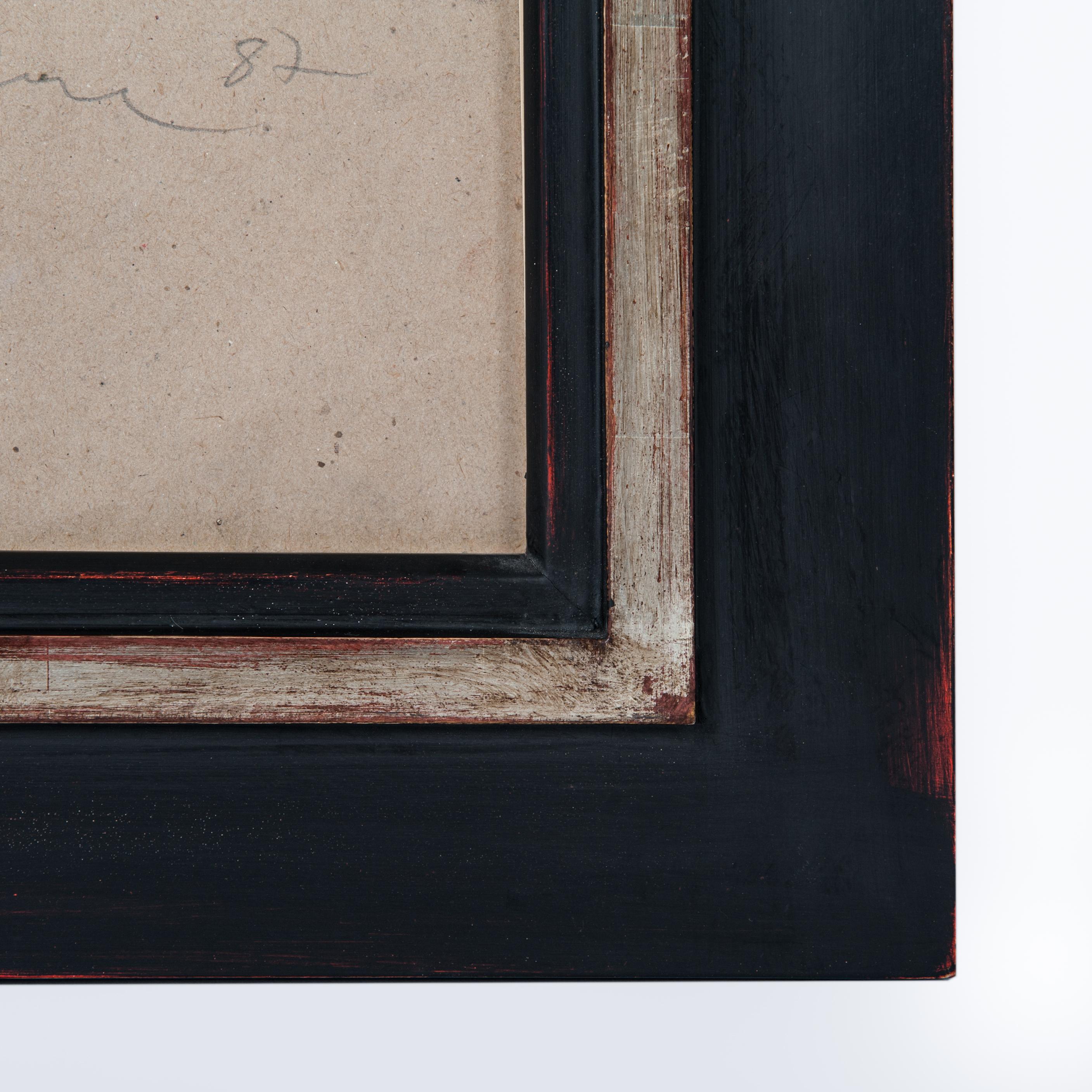 French Charcoal Drawing Black, Beige, Red and White Michel Batlle 1987 Handworked Frame For Sale