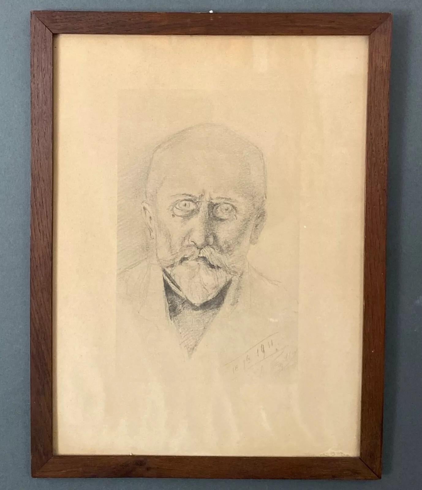 French Charcoal Drawing by Charles Filleul – Bearded Man, 1911. For Sale