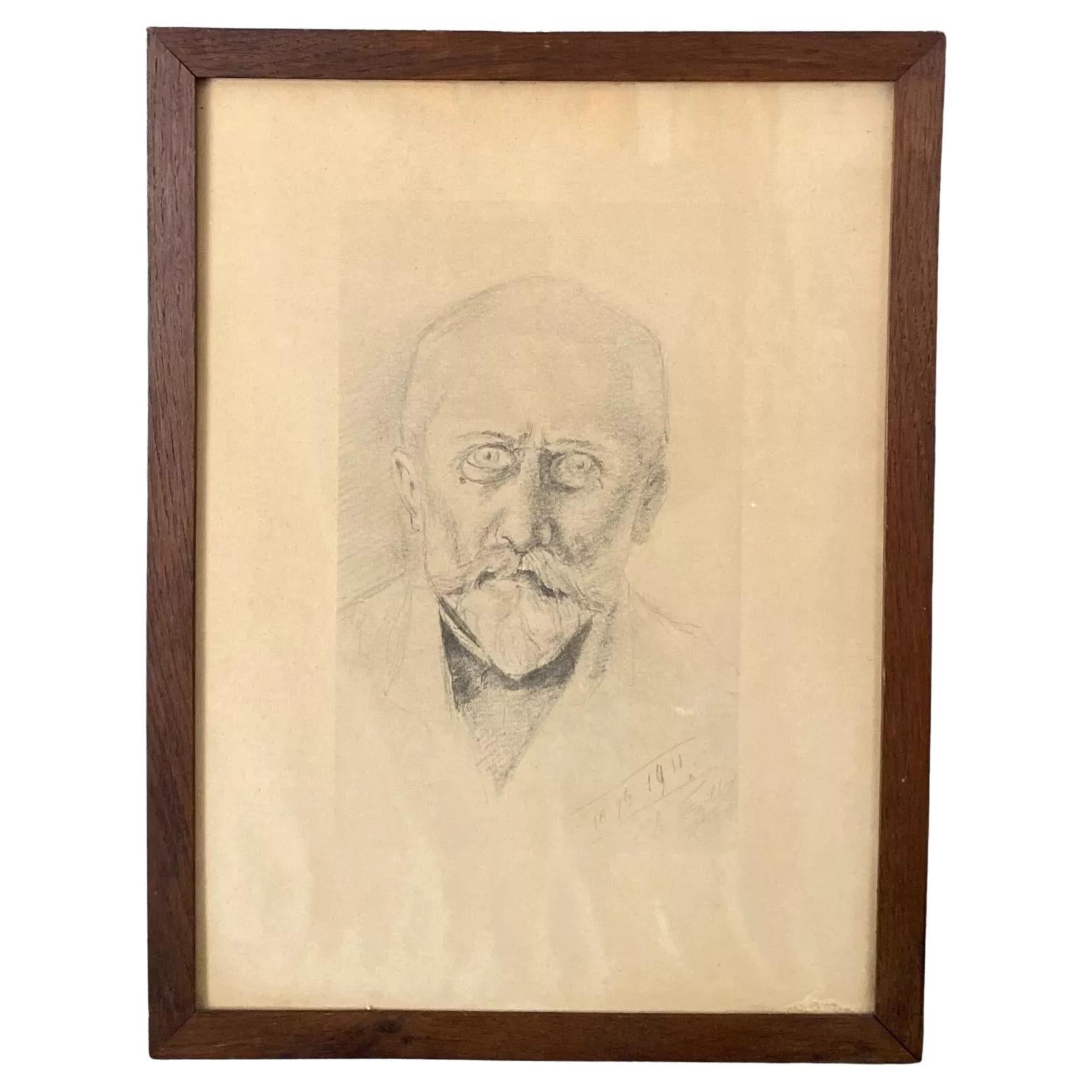 Charcoal Drawing by Charles Filleul – Bearded Man, 1911. For Sale