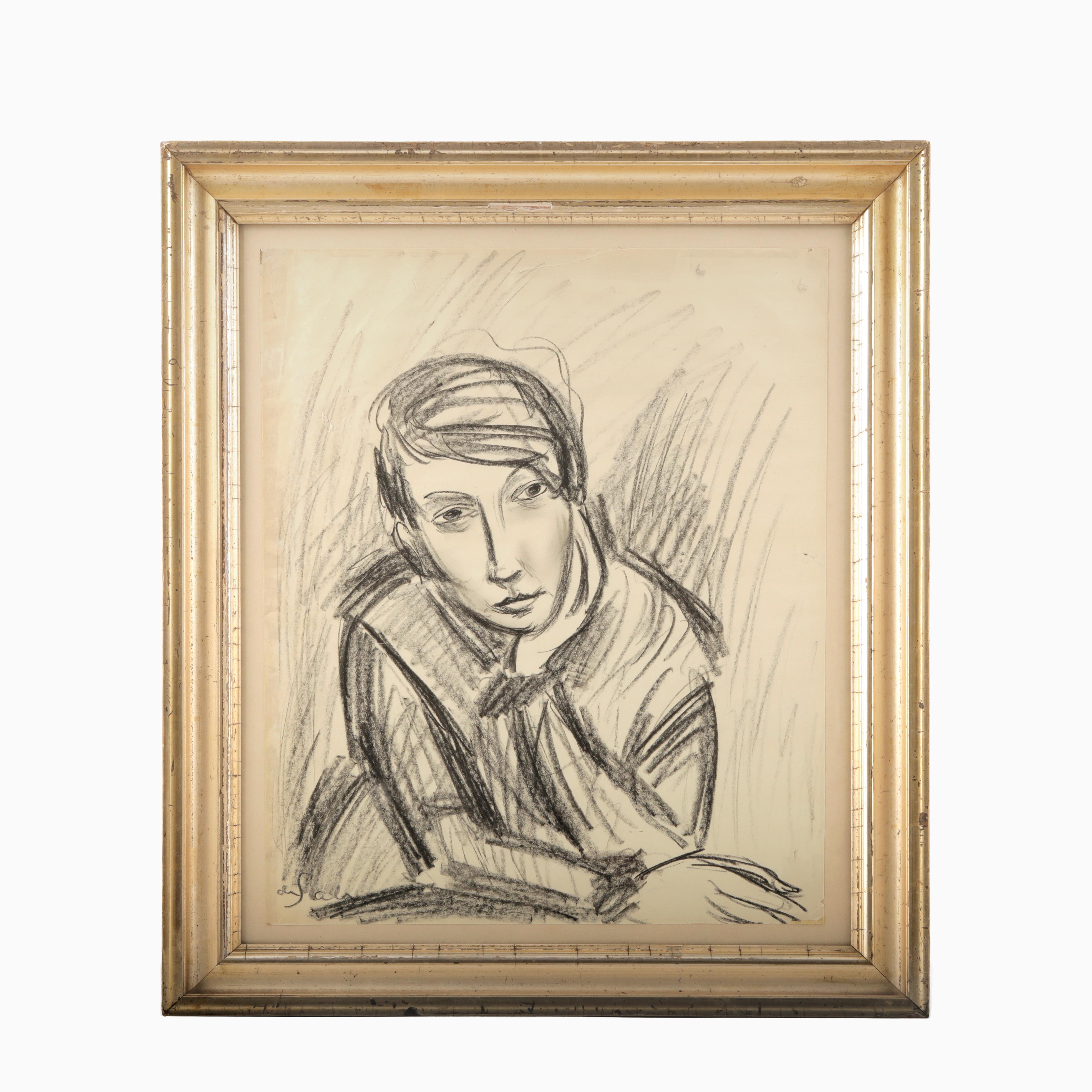 Eugène de Sala, 1899 - 1987.
Charcoal drawing on paper, portrait of his wife 1920s.
Eugène de Sala's an avant-garde painter from the 1920s are considered one of the first to introduce surrealism in Denmark.

framed in a beautiful silver frame from