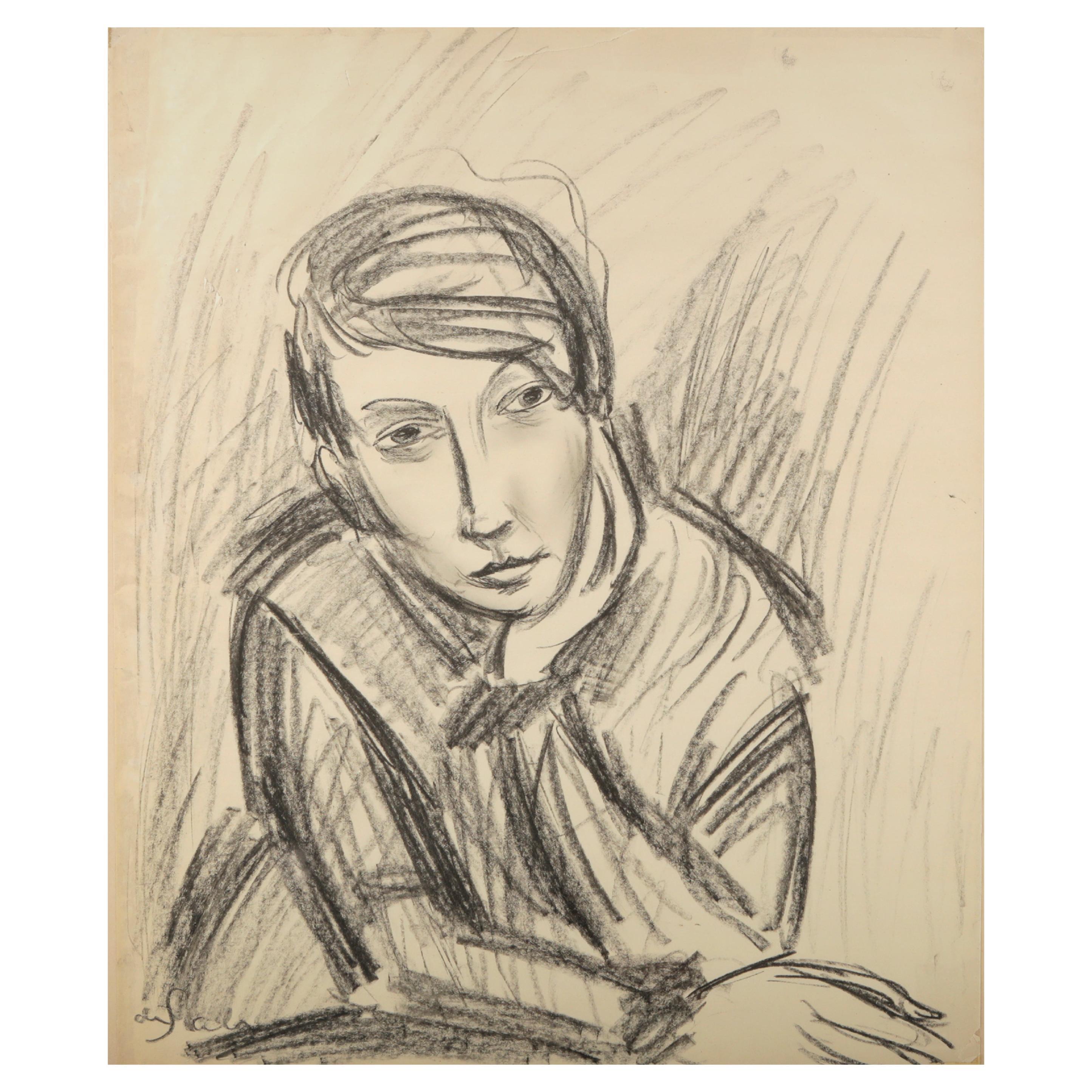 Kohle-Porträt-Zeichnung von Eugène de Sala im Angebot