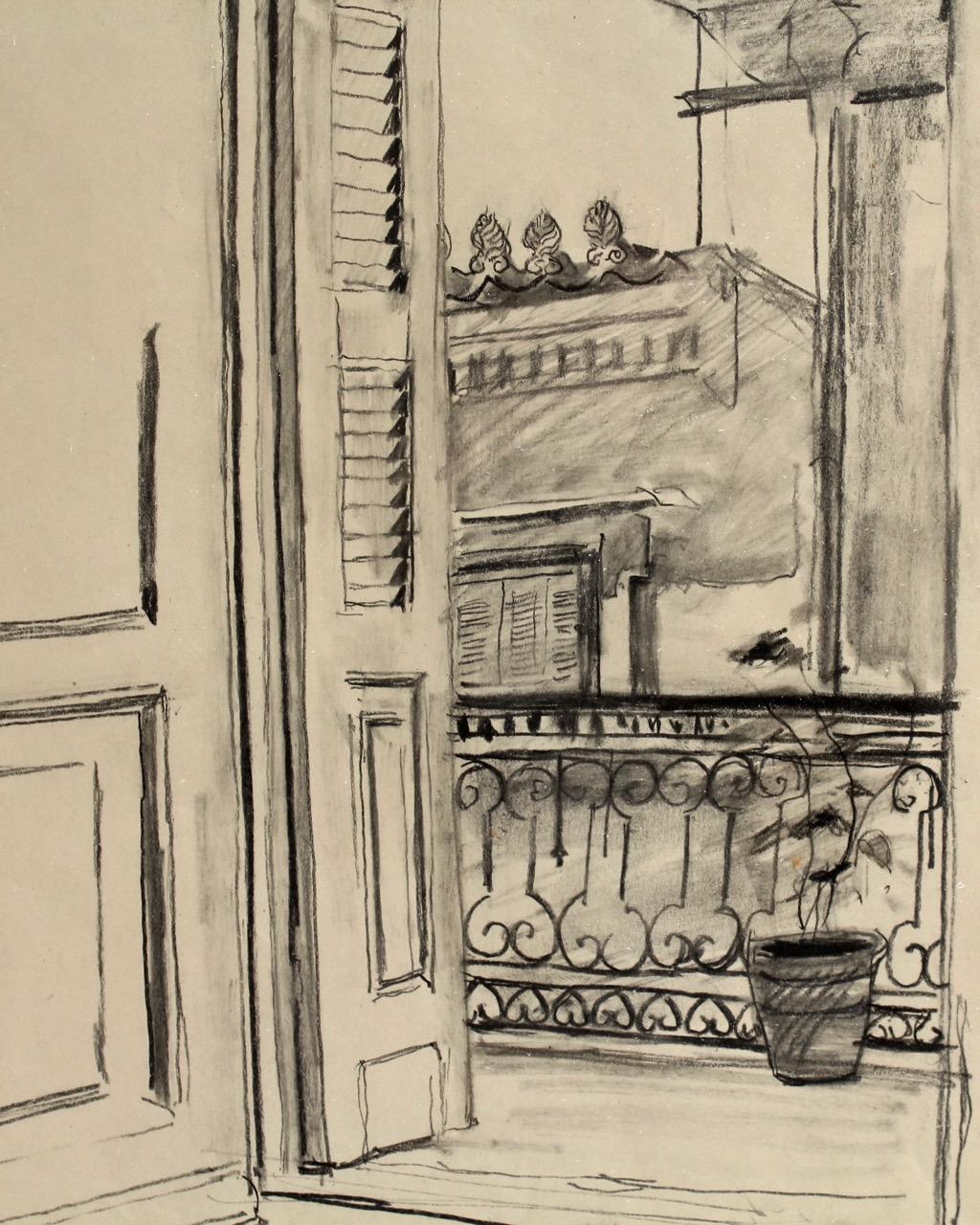 Mid-Century Modern Charcoal Drawing of a View from a Balcony by Lambro Ahlas For Sale