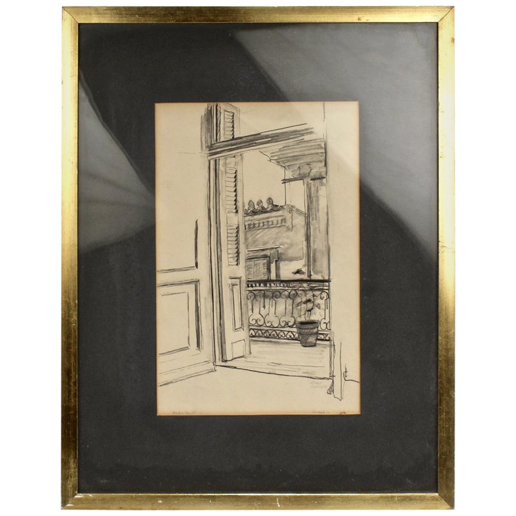 Charcoal Drawing of a View from a Balcony by Lambro Ahlas For Sale