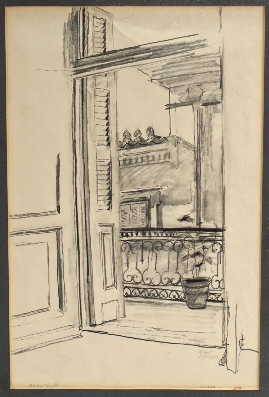 A view from a balcony by Lambro Ahlas.

Charcoal pencil on paper. Matted in a black matte under glass in a thin gilt frame.

Ahlas was a California-born artist of Greek ancestry. He was trained at the California College of Arts and Crafts and