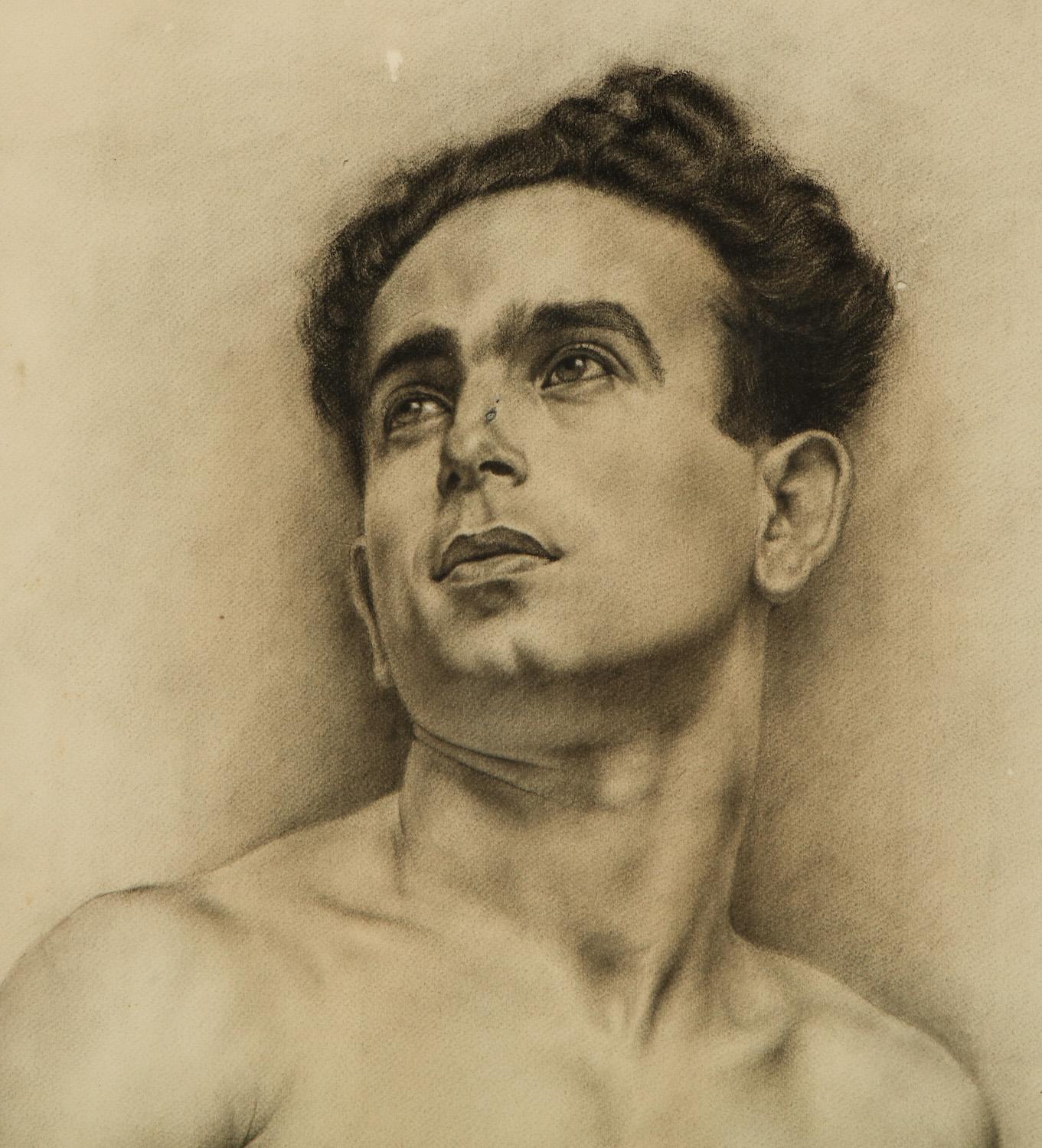 Art Deco Charcoal Drawing of a Young Man by P. Bonamini
