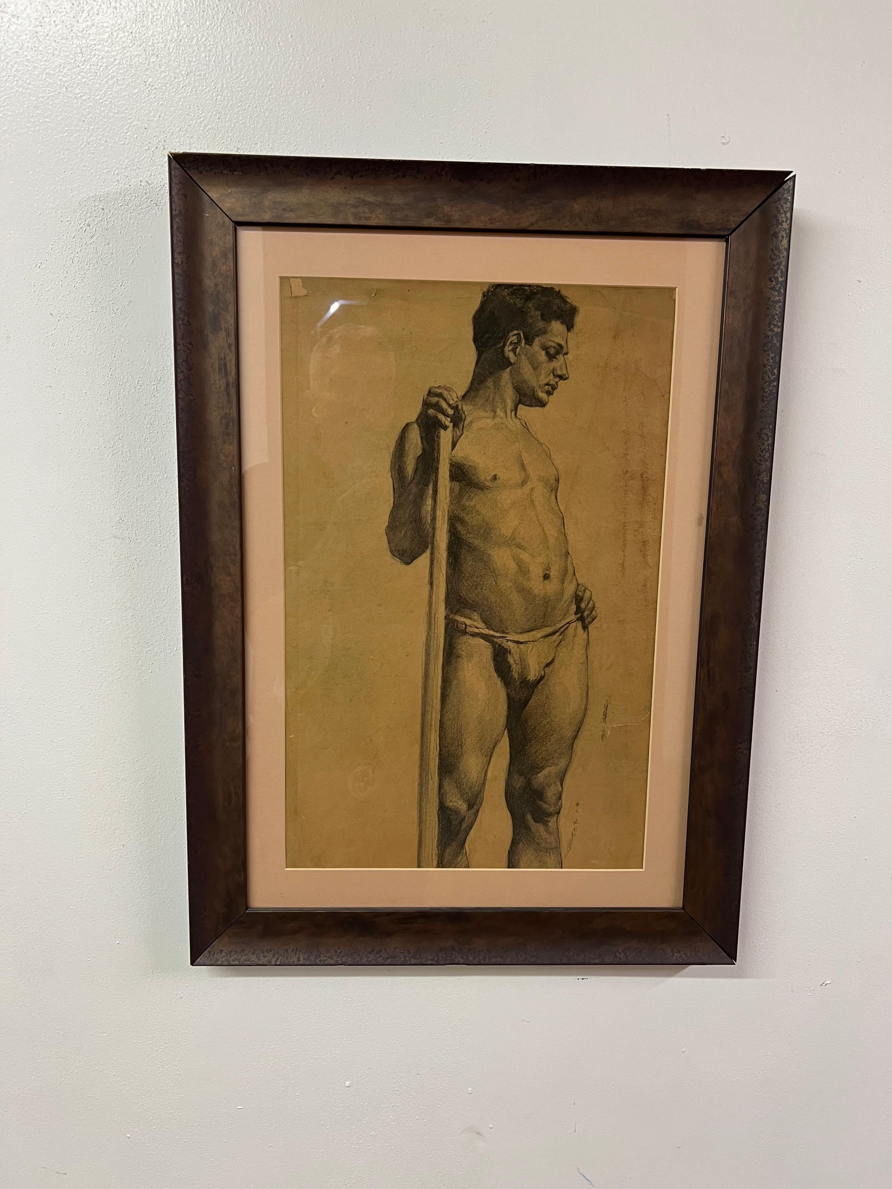 Unique drawing of a young man - done in pencil, or charcoal. the piece speaks as a nice vintage piece, with a lot of character. There is one small nick in the paper at the top left, however, the drawing and frame are of such quality we don't believe