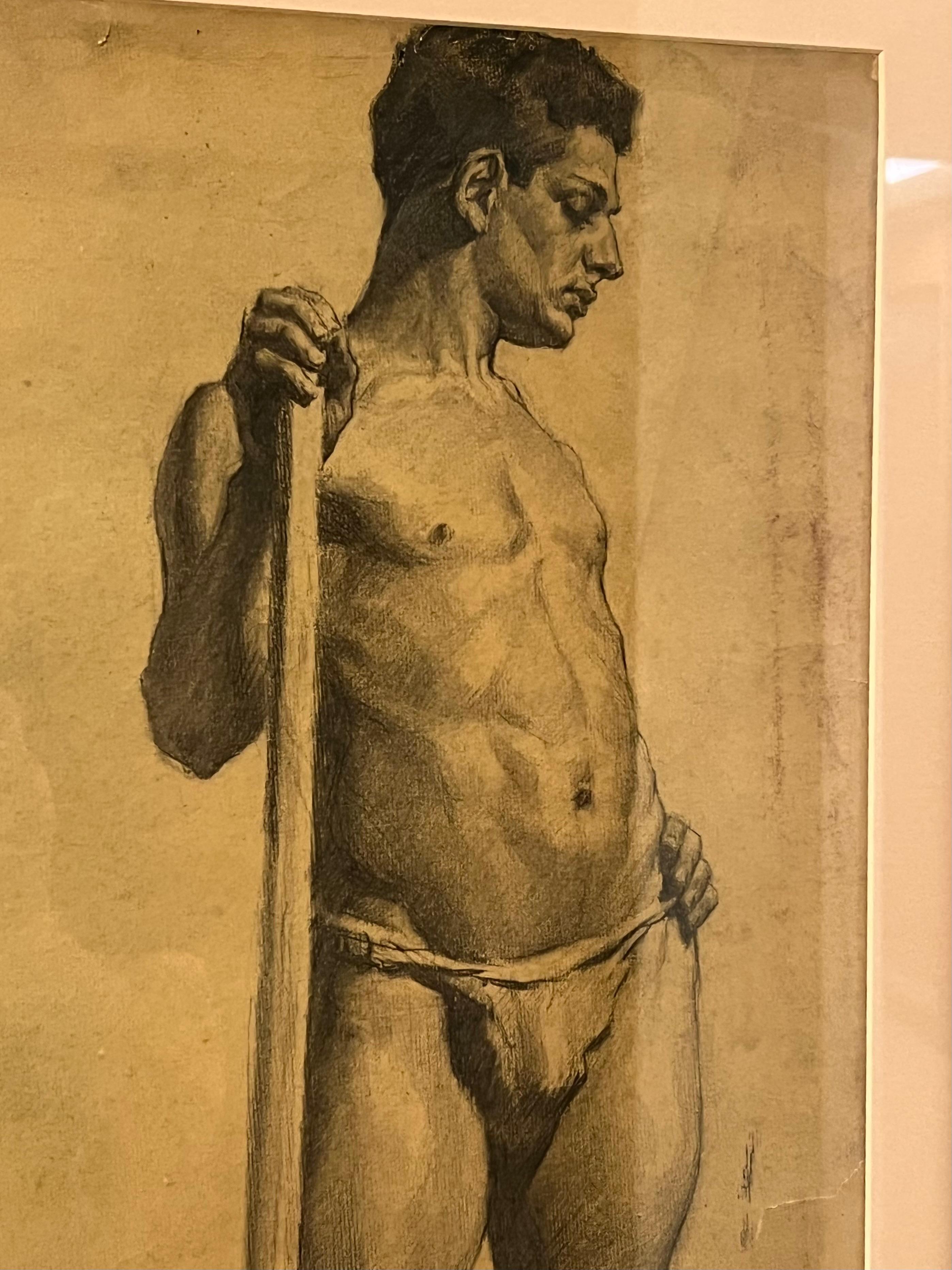 20th Century Charcoal Drawing of a Young Man