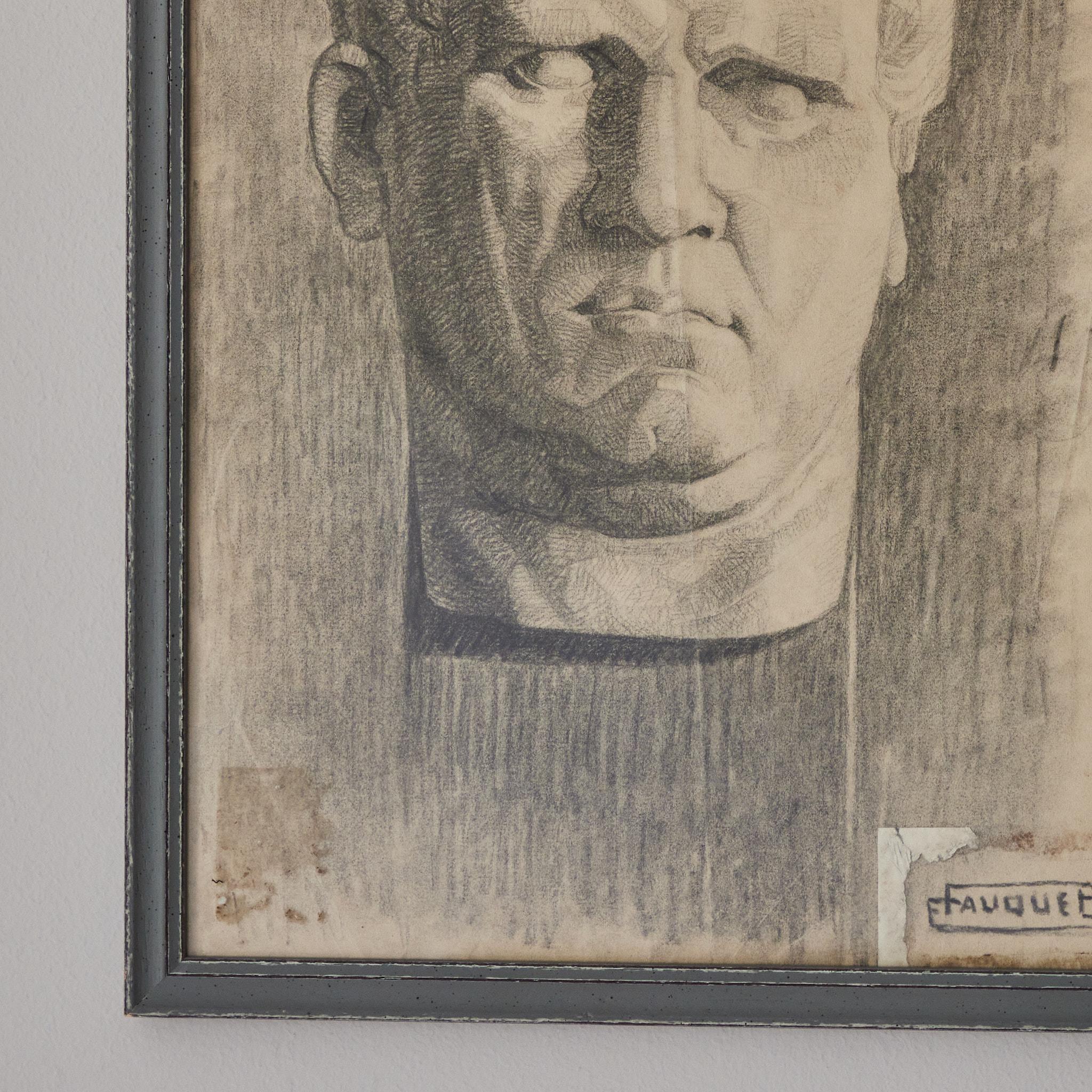 French Charcoal Drawing of Bust For Sale