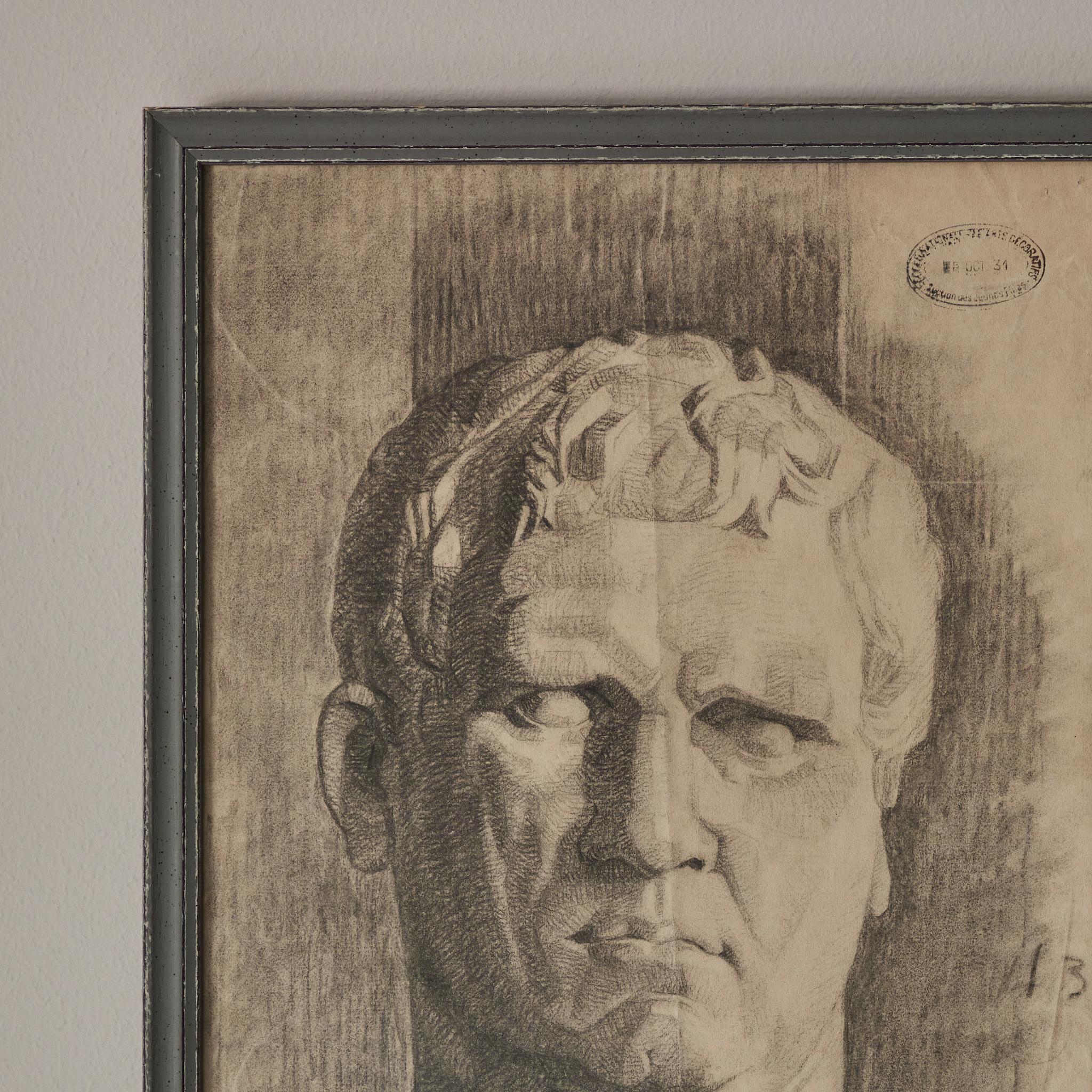19th Century Charcoal Drawing of Bust For Sale