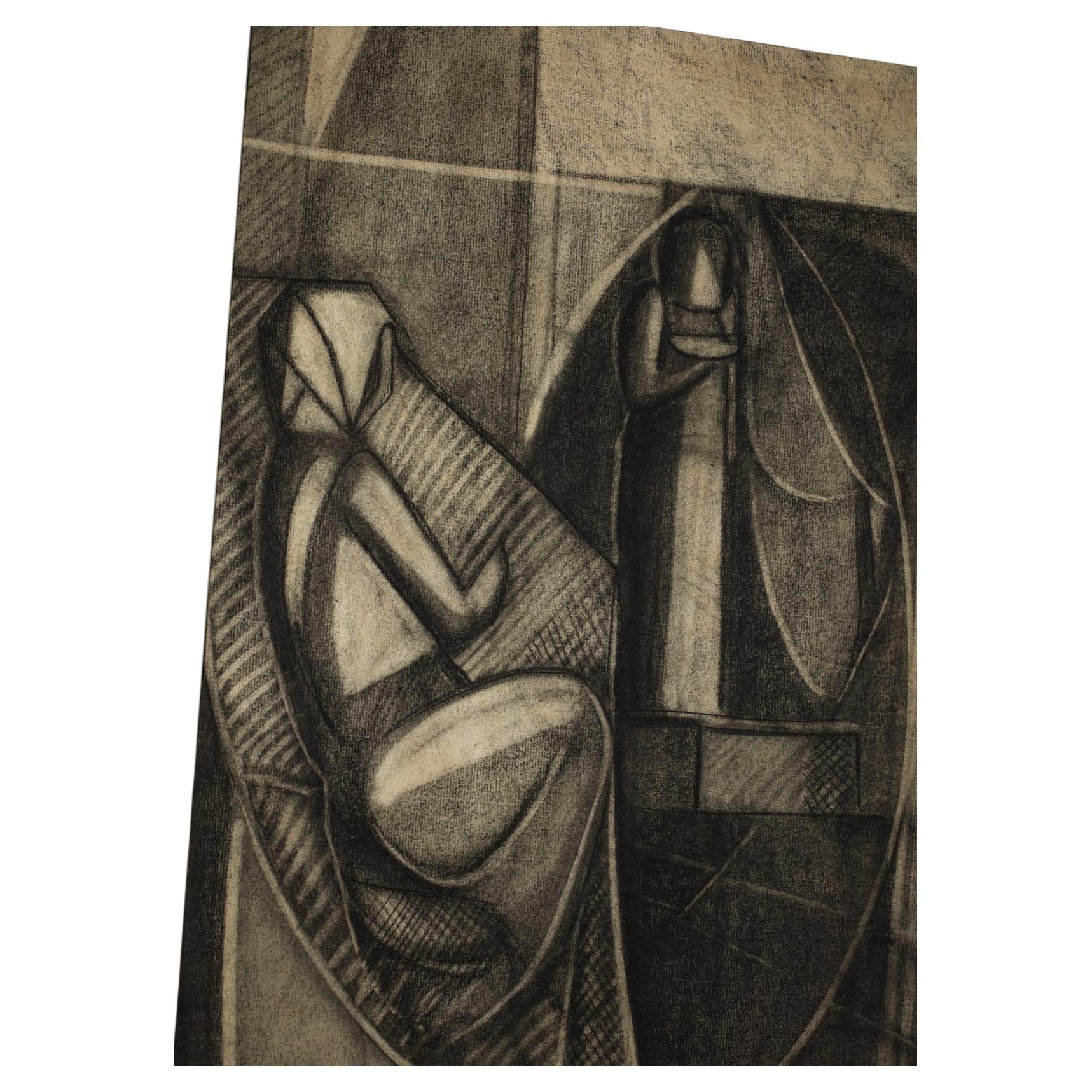 Charcoal drawing by the French artist Marceau Constantin (1918 - 2017). Drawing on ingres paper representing two characters in shades of black and grey creating a fascinating light and shadow effect. Very good condition, signature of the artist on