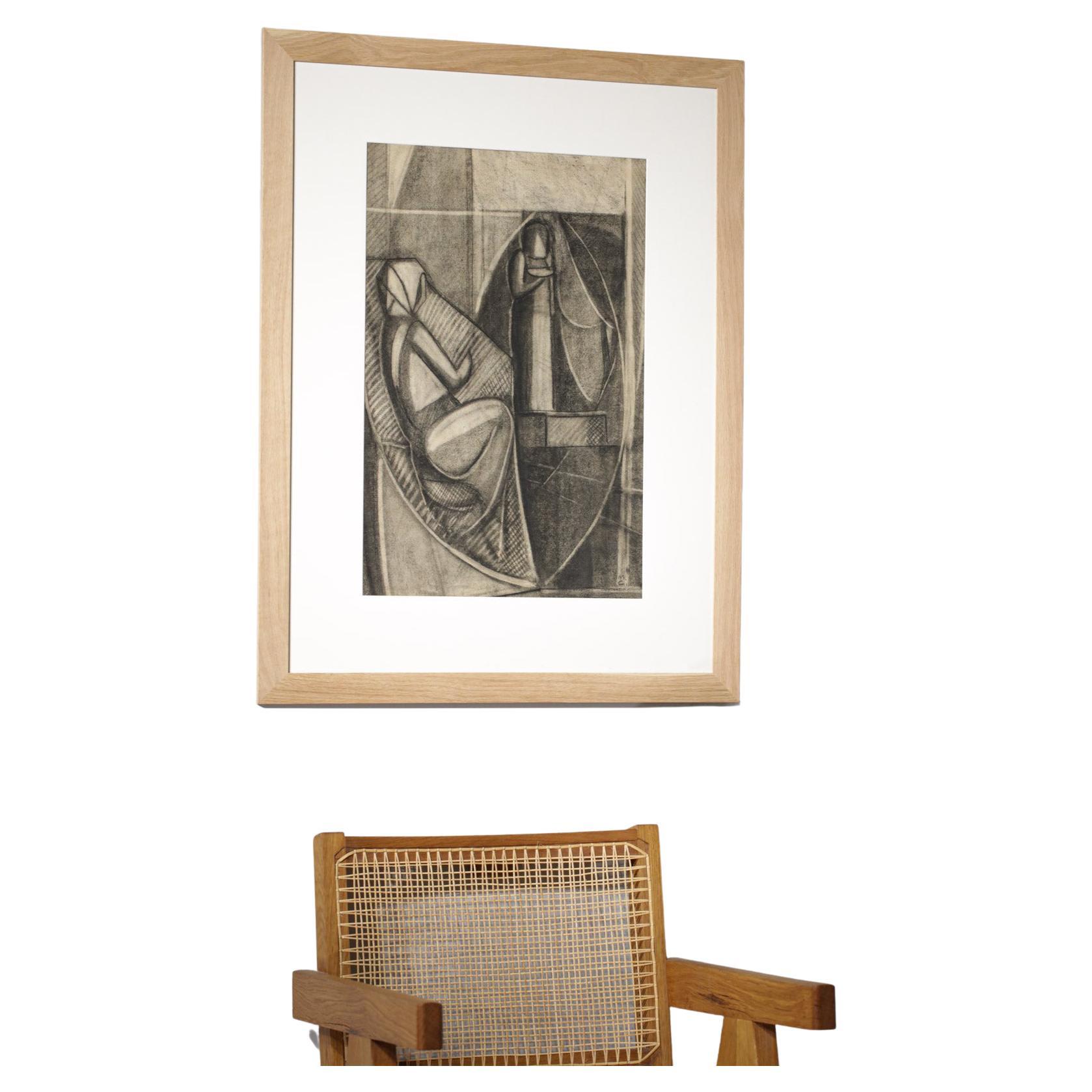 Mid-Century Modern Charcoal Drawing on Ingrès Paper Signed Marceau Constantin Original, F113 For Sale