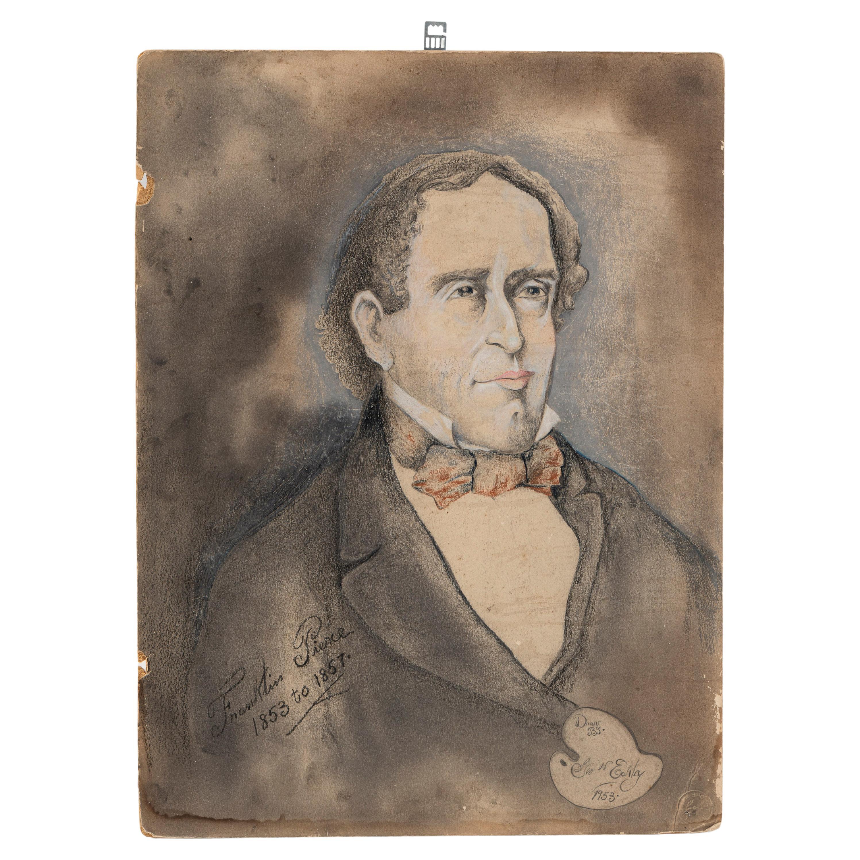 Disegno a carboncino su carta, Presidente Franklin Pierce, senza cornice, XX secolo, USA