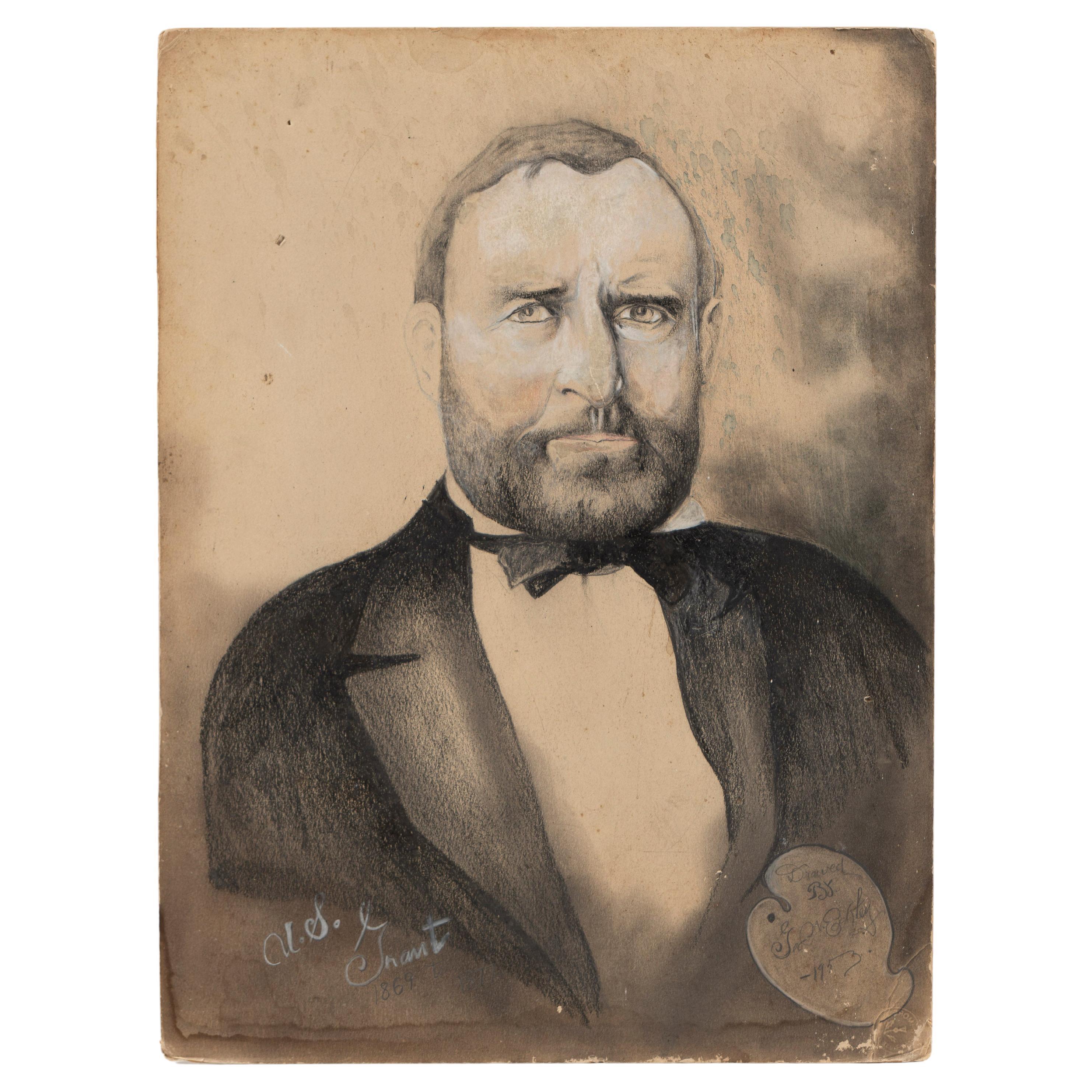Disegno a carboncino su carta, Il presidente Ulysses S. Grant, senza cornice, 20° secolo, USA