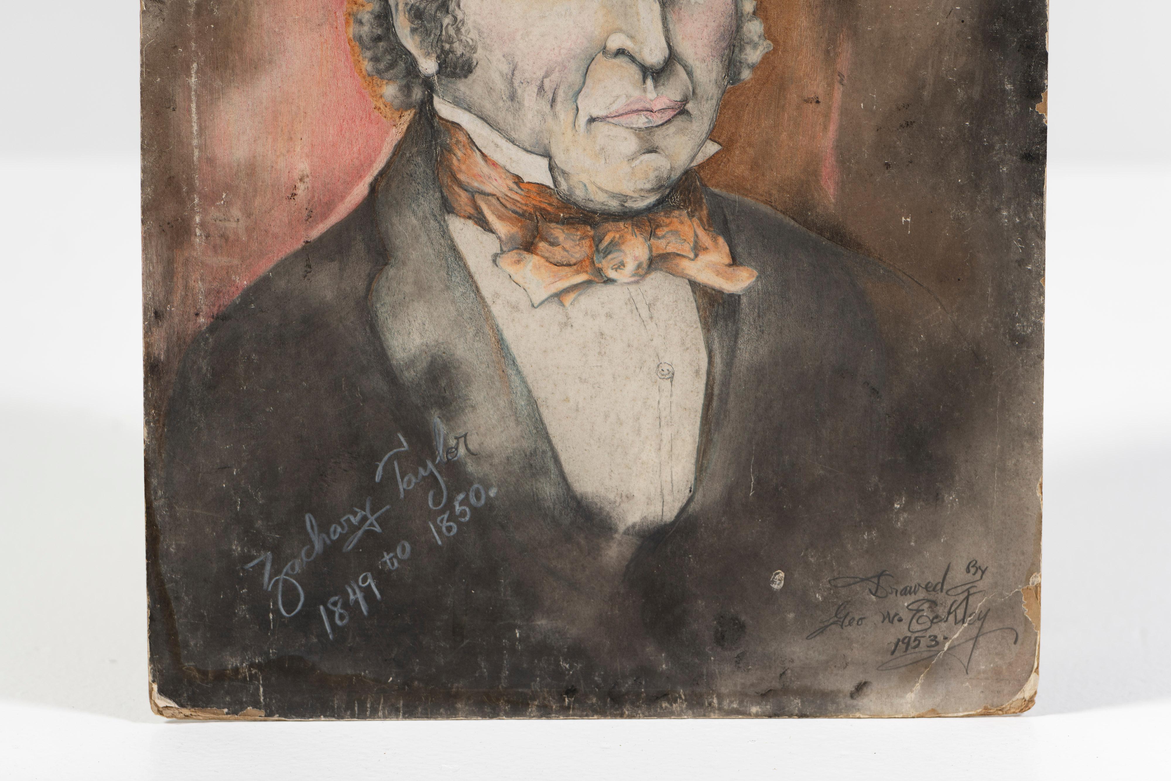 Charcoal Drawing of President Zachary Taylor, unframed, artist unknown. There are a total of 5 of these portraits available, collect one or all five for a grouping. Sure to add gravitas and history to your environment.