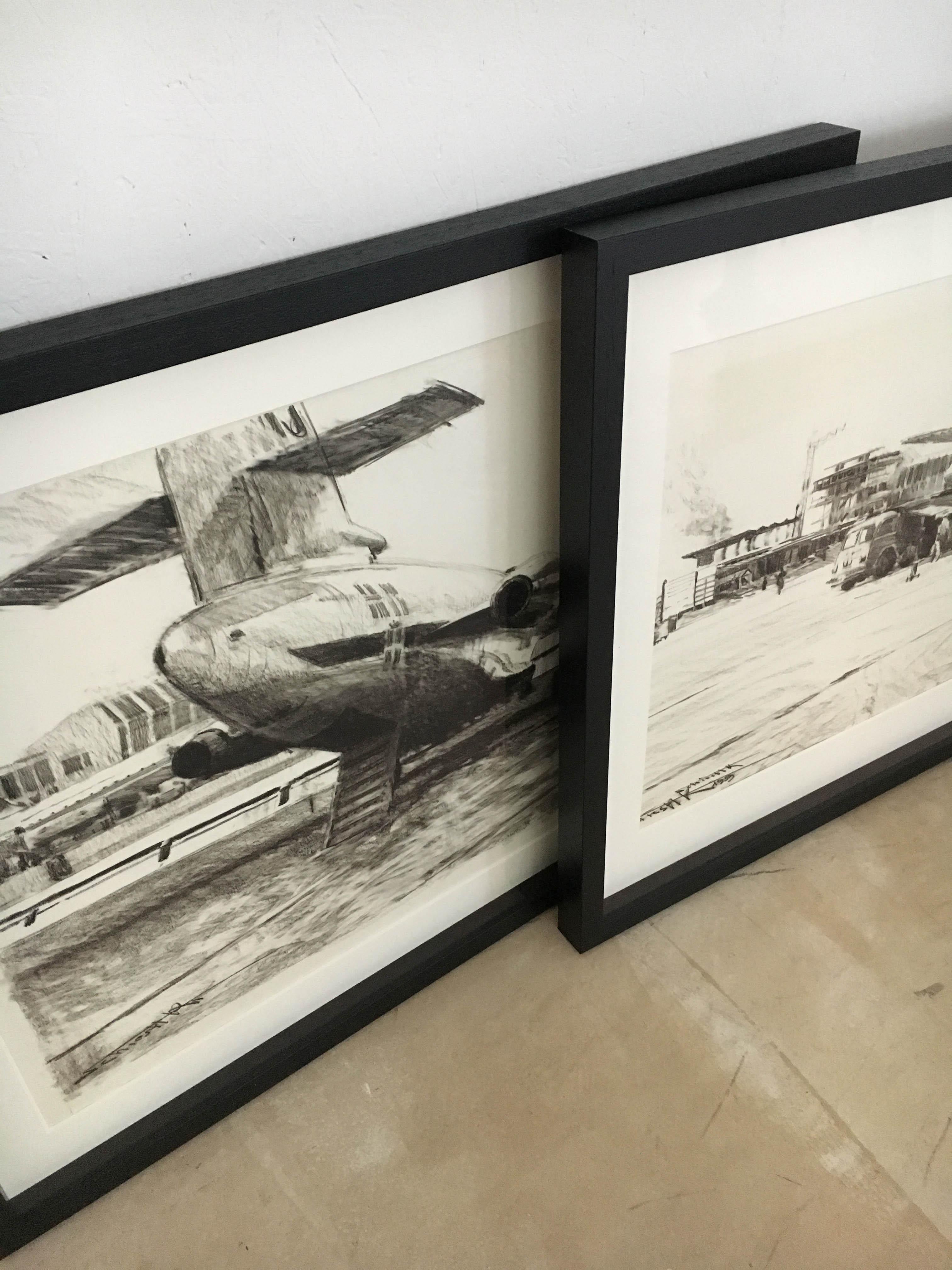 Set of Four Charcoal Drawings Building of the Newly Build Airport Vienna, 1959 For Sale 4