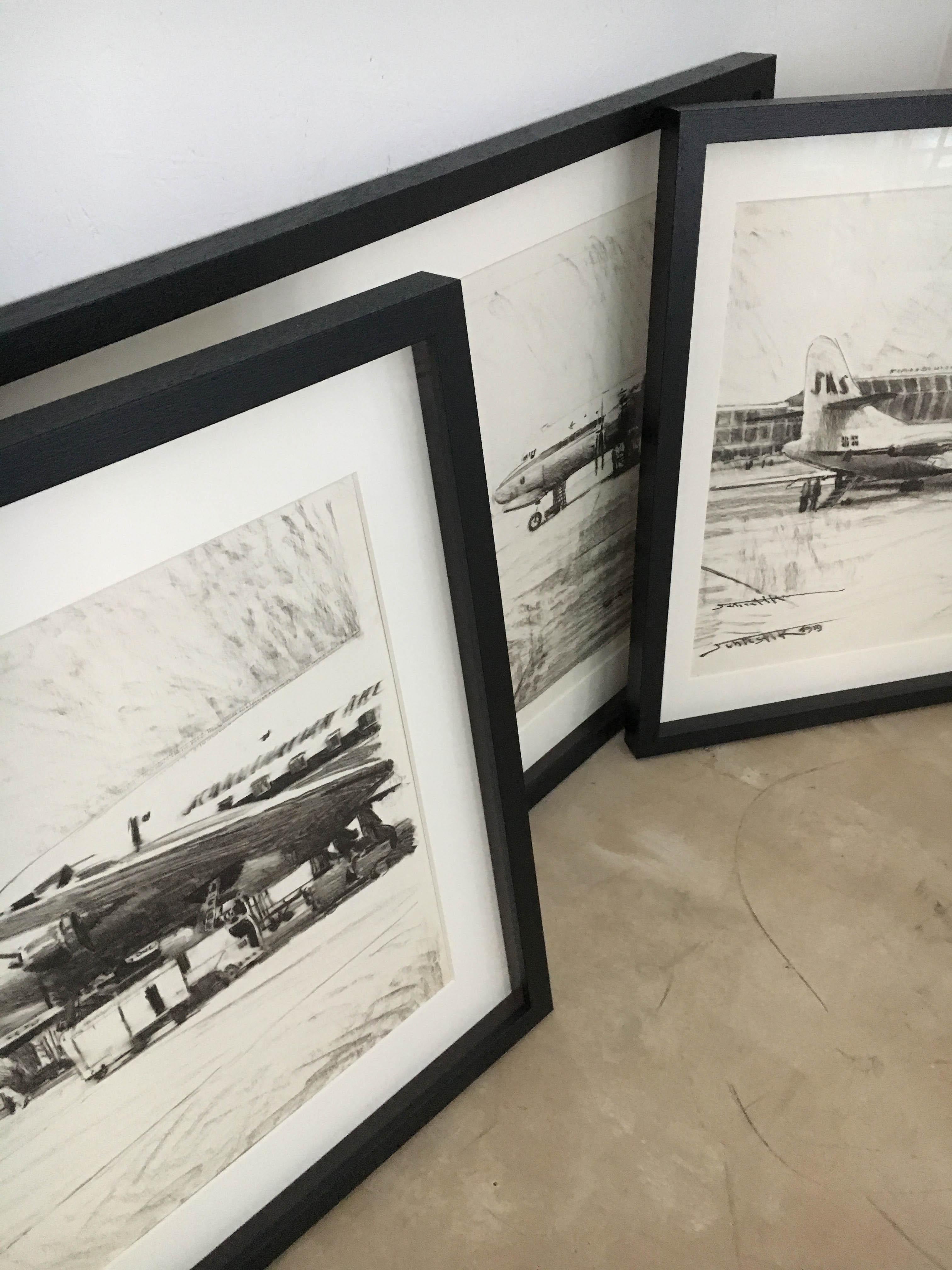 Set of Four Charcoal Drawings Building of the Newly Build Airport Vienna, 1959 For Sale 5