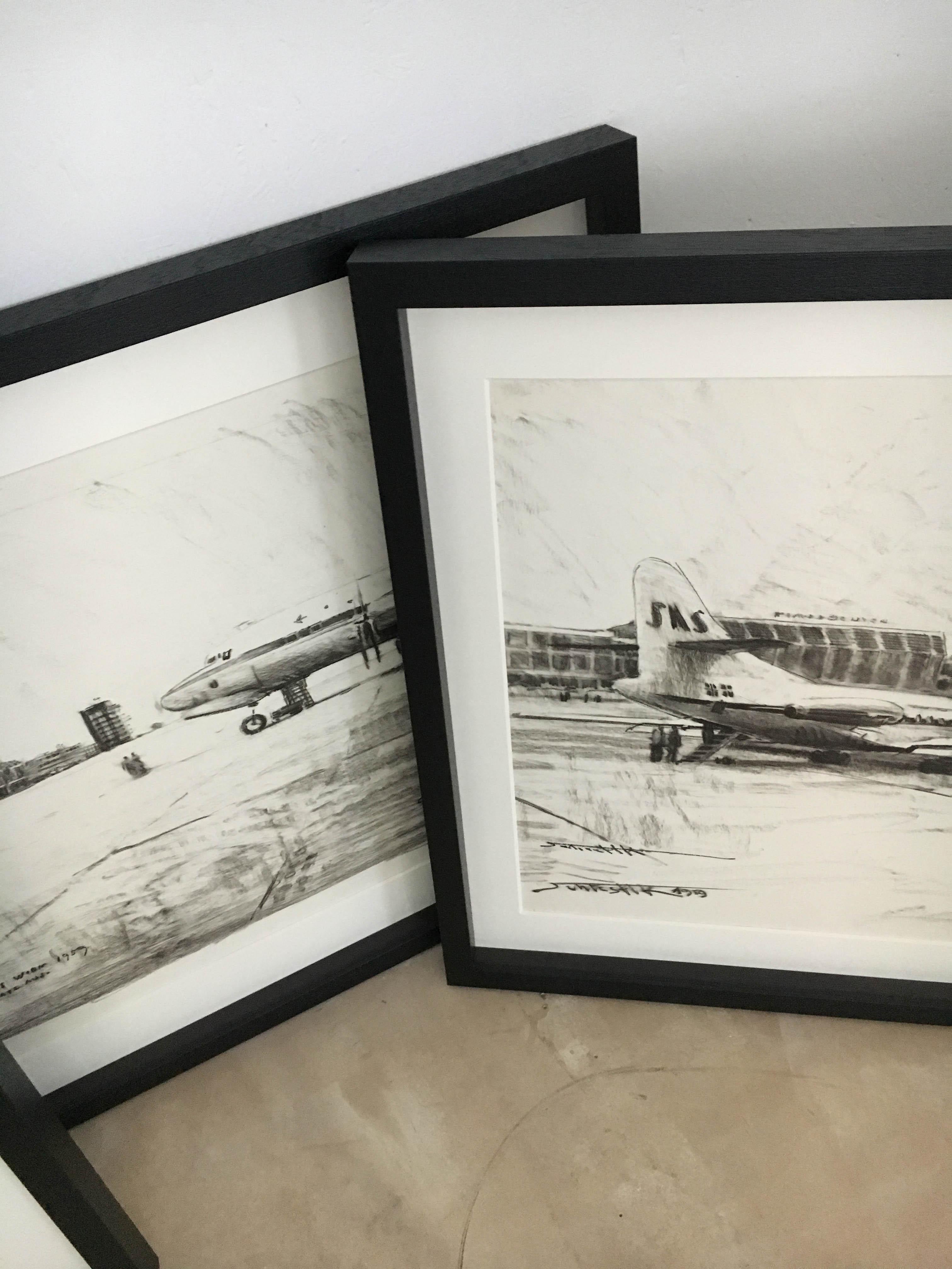 Set of Four Charcoal Drawings Building of the Newly Build Airport Vienna, 1959 For Sale 6