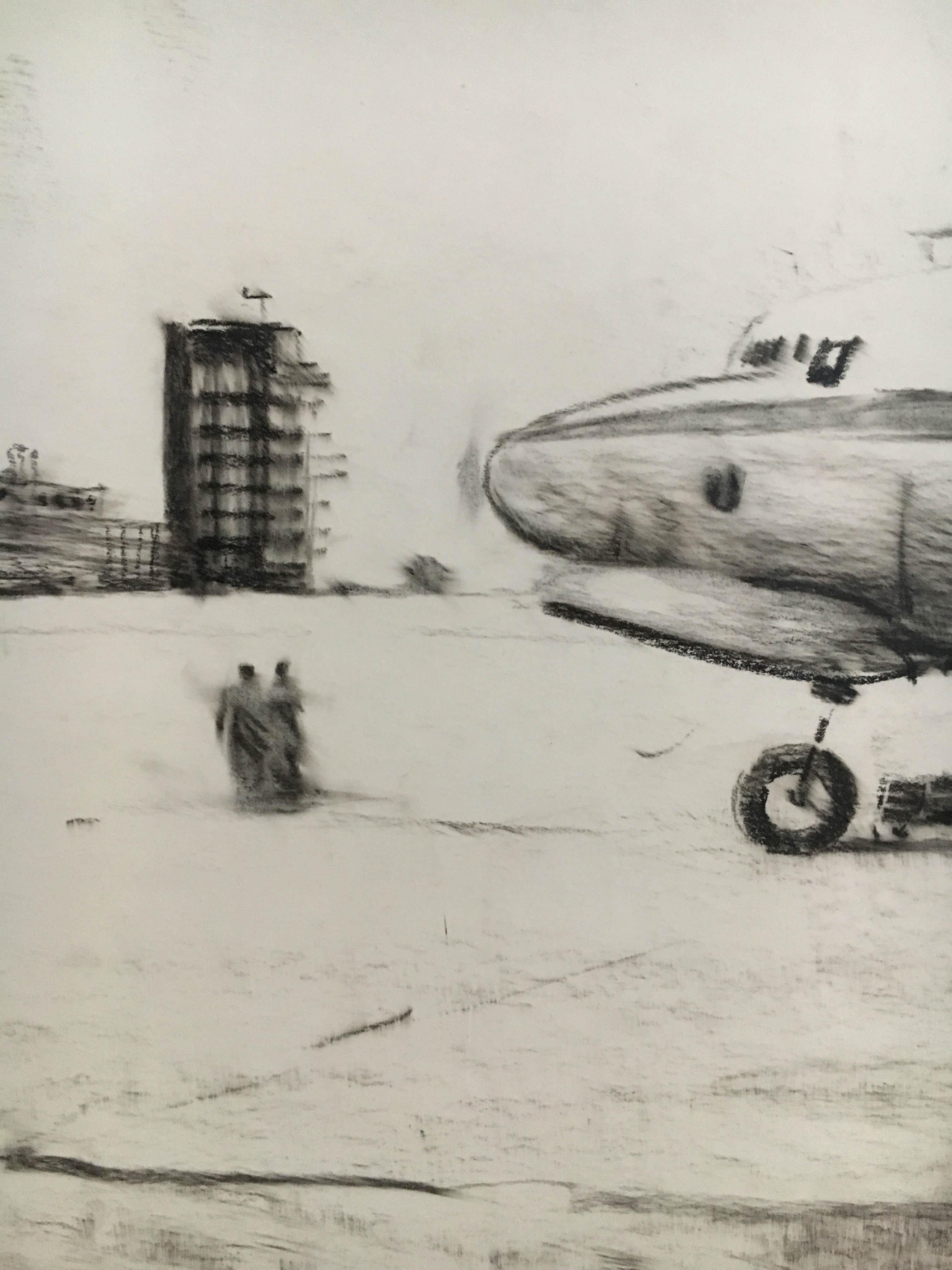 Set of Four Charcoal Drawings Building of the Newly Build Airport Vienna, 1959 For Sale 9