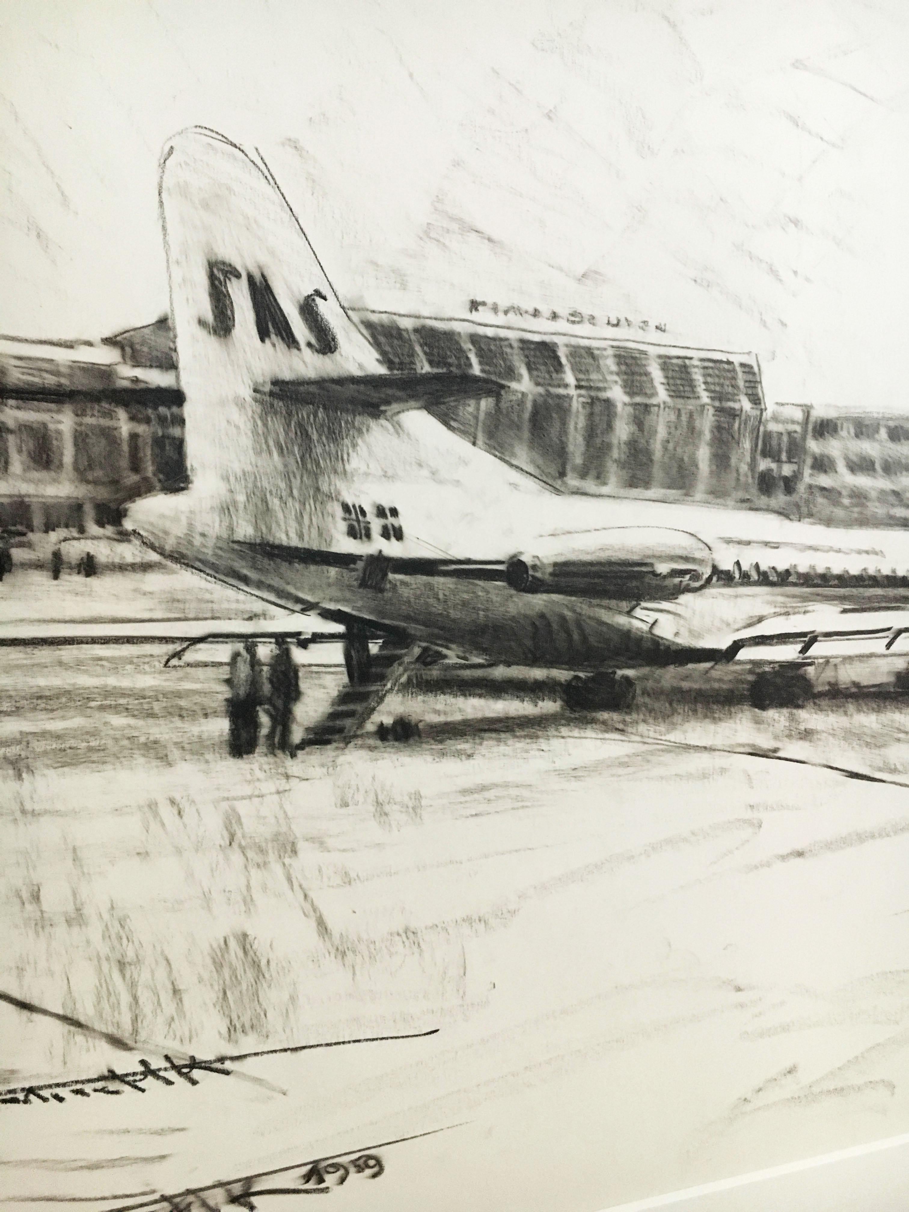 Set of Four Charcoal Drawings Building of the Newly Build Airport Vienna, 1959 For Sale 13