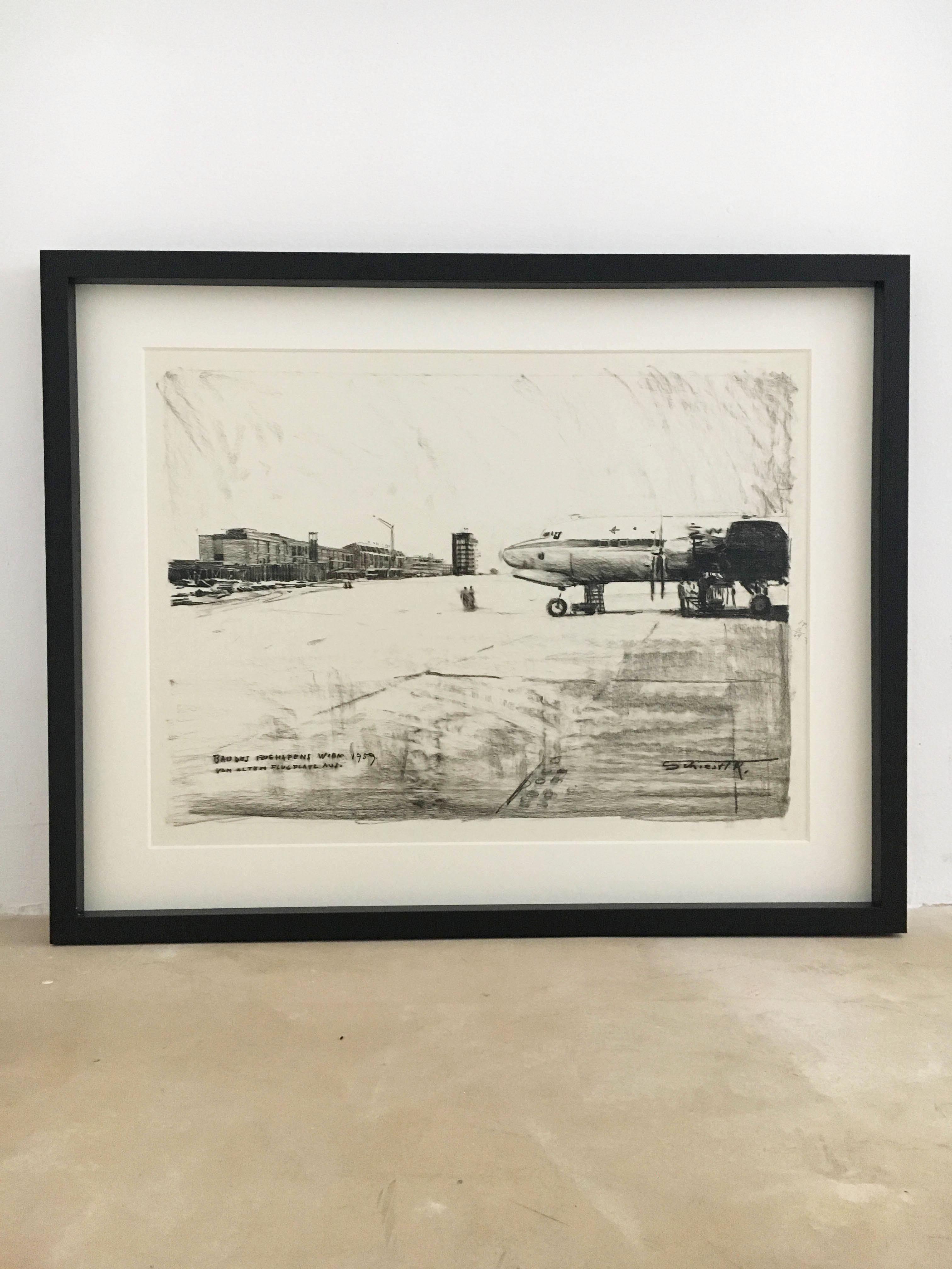 A rare set of four charcoal drawings on paper of the newly build Airport Vienna in 1959. Strikingly modern in it's rough, fast and blurry technique, depicting the movement of planes, people and architecture. This is very much a significant