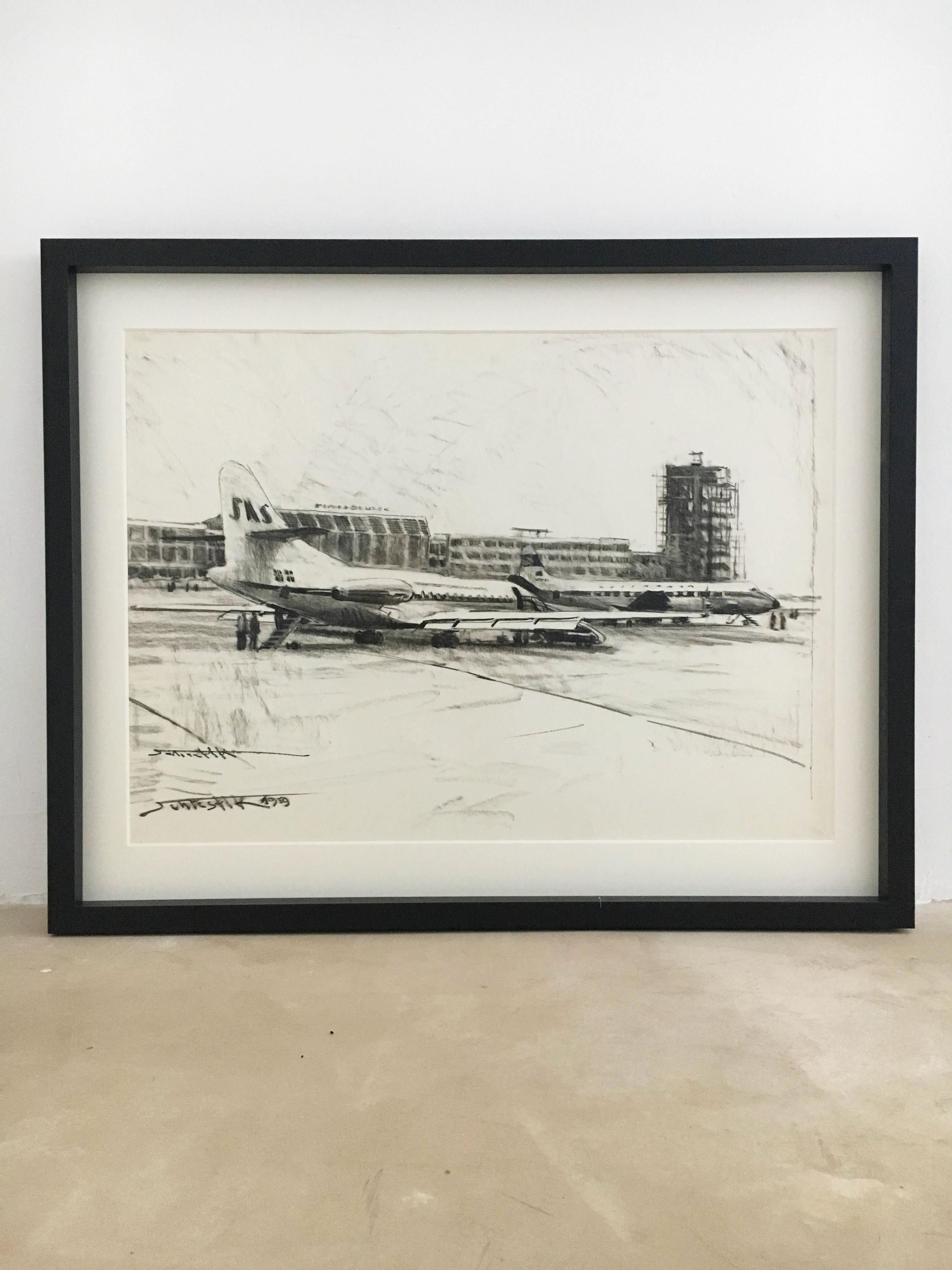 Mid-Century Modern Set of Four Charcoal Drawings Building of the Newly Build Airport Vienna, 1959 For Sale