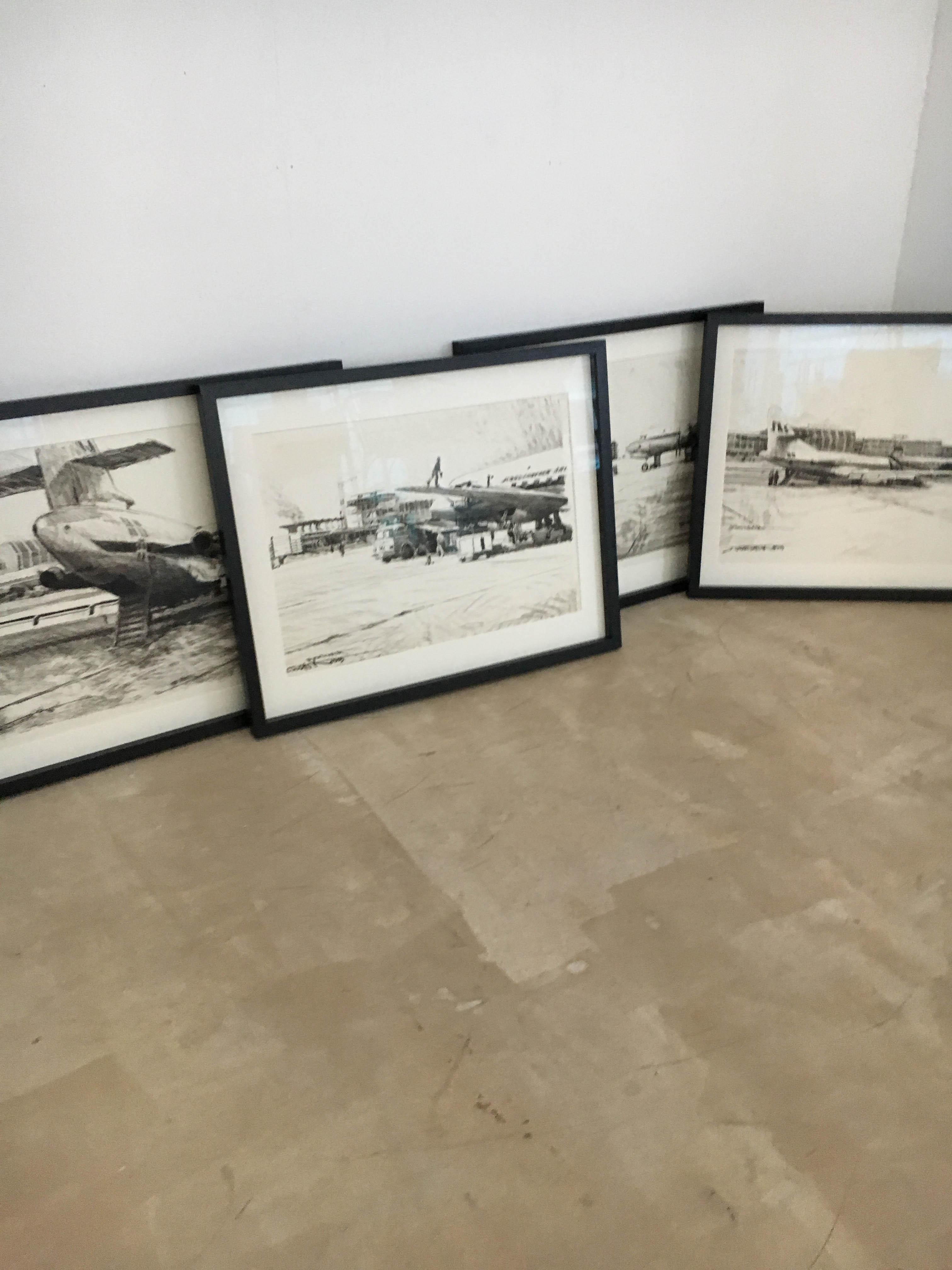 Wood Set of Four Charcoal Drawings Building of the Newly Build Airport Vienna, 1959 For Sale