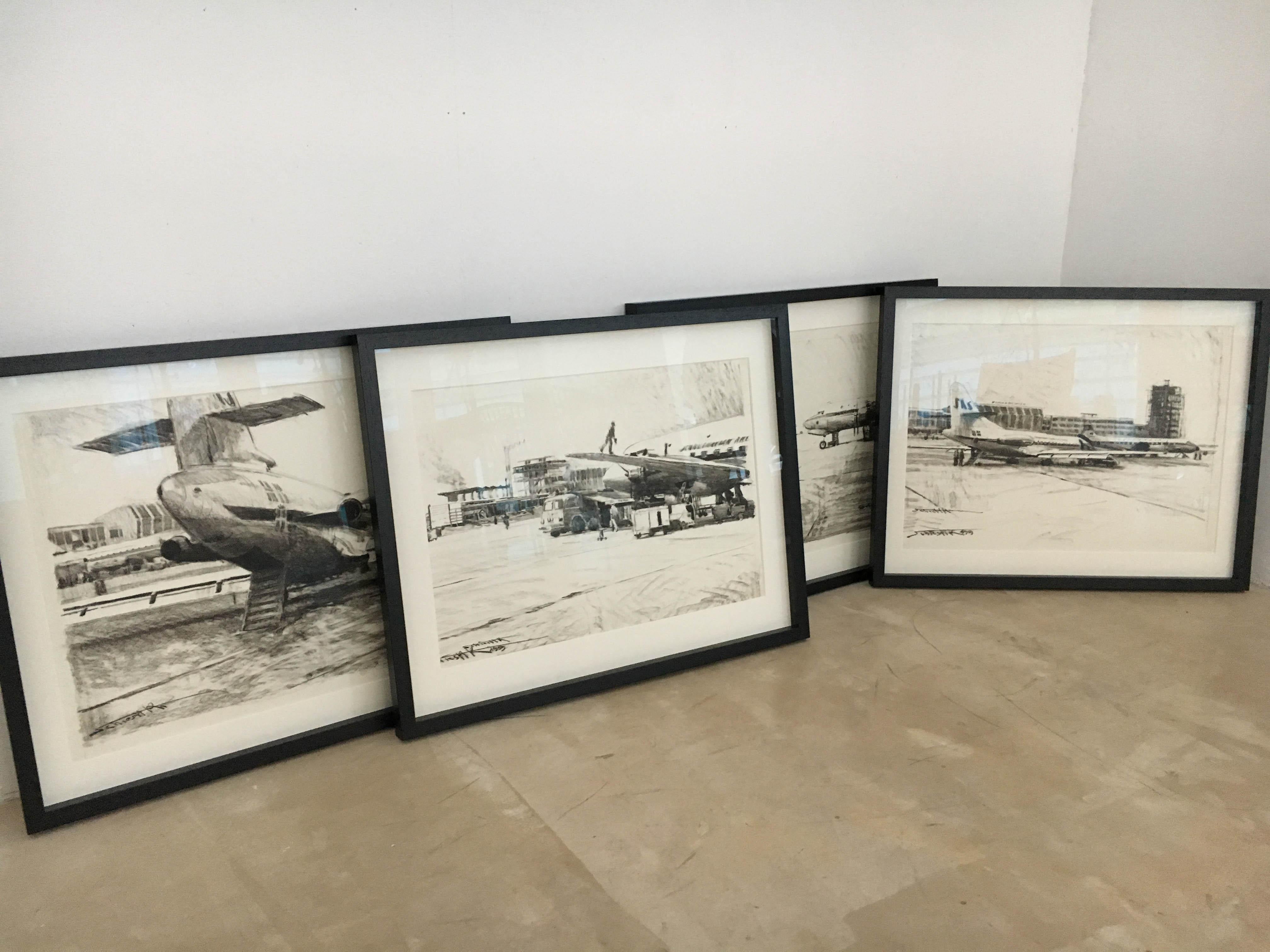 Set of Four Charcoal Drawings Building of the Newly Build Airport Vienna, 1959 For Sale 1