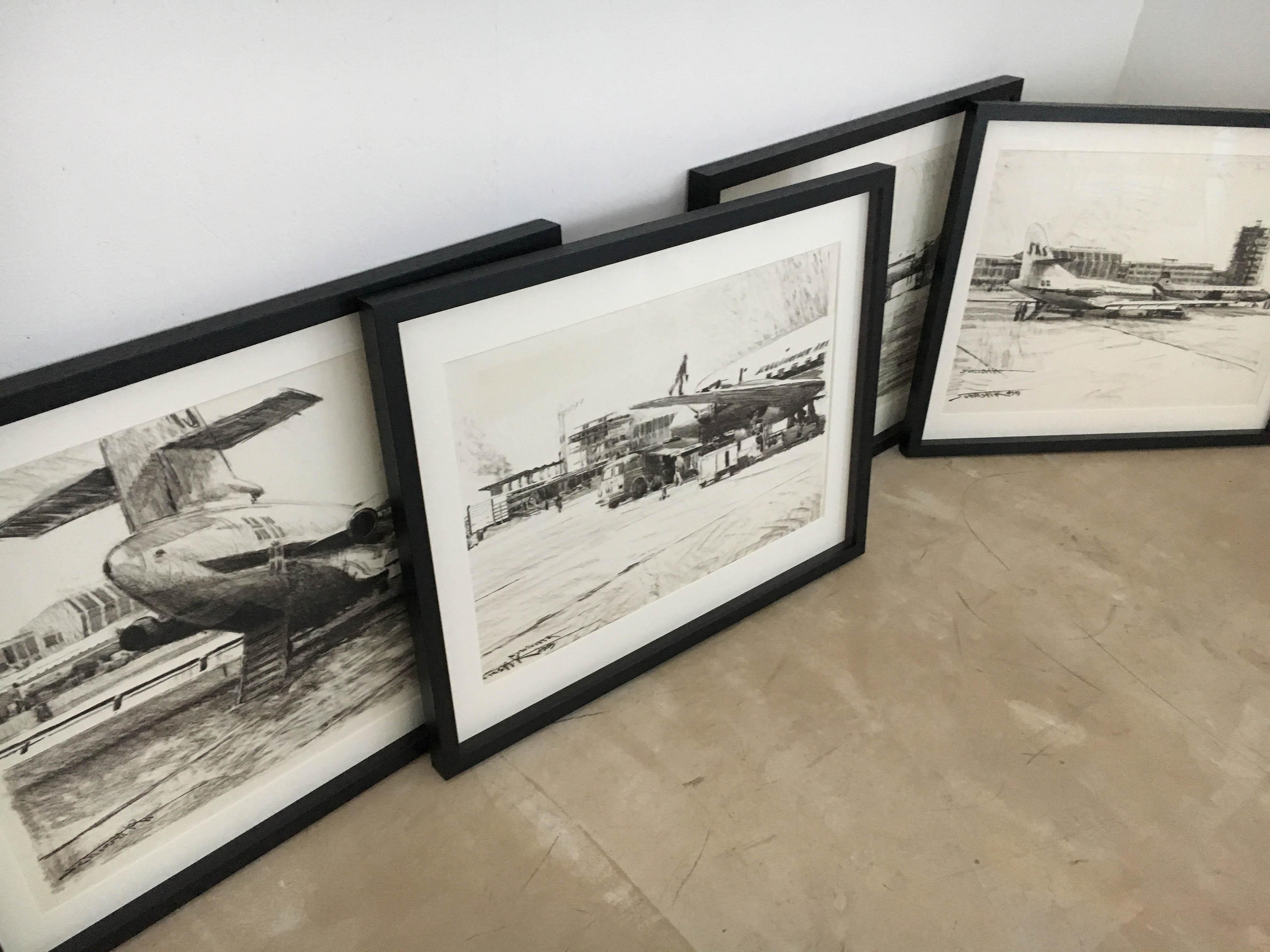 Set of Four Charcoal Drawings Building of the Newly Build Airport Vienna, 1959 For Sale 2