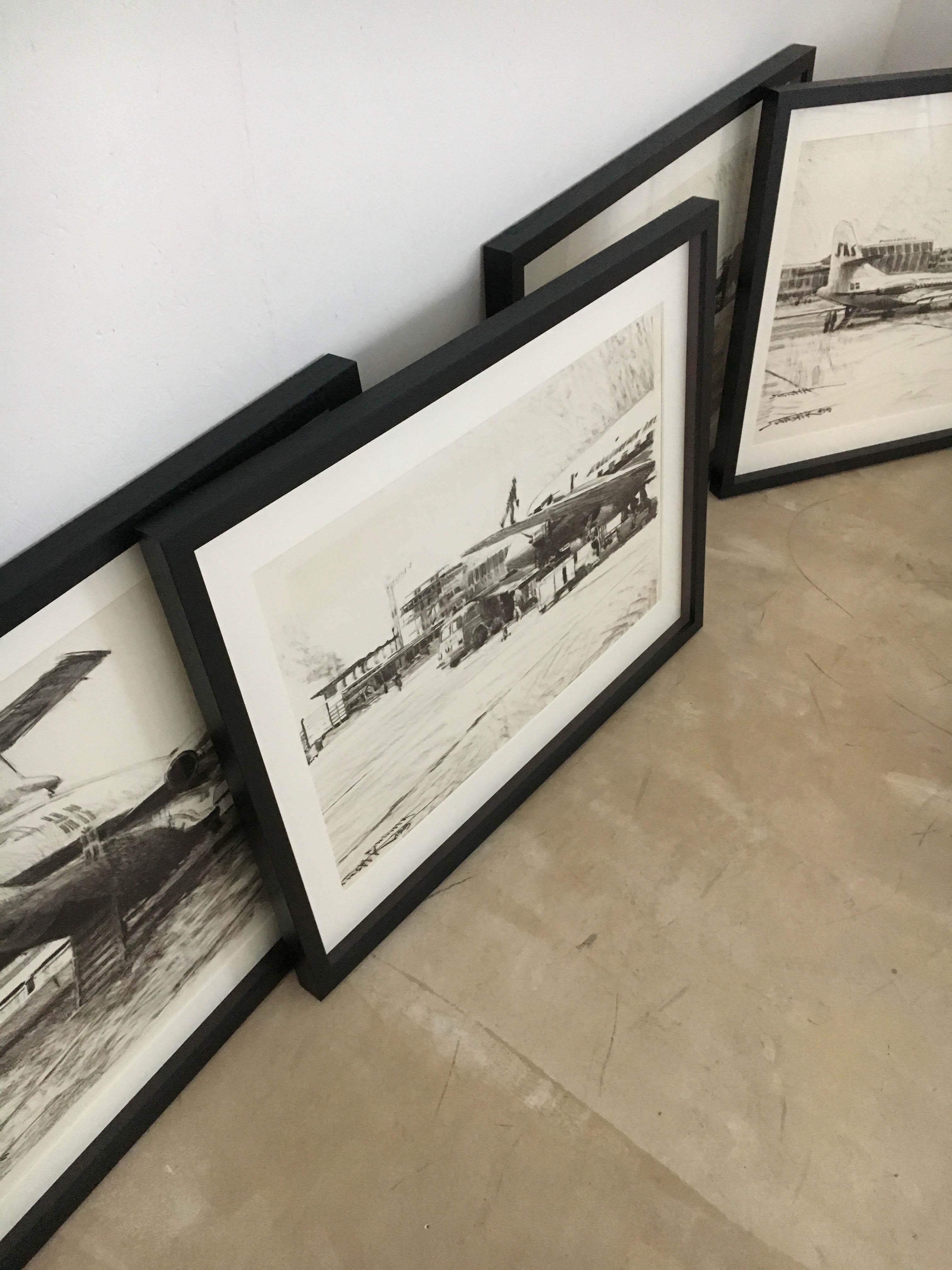 Set of Four Charcoal Drawings Building of the Newly Build Airport Vienna, 1959 For Sale 3