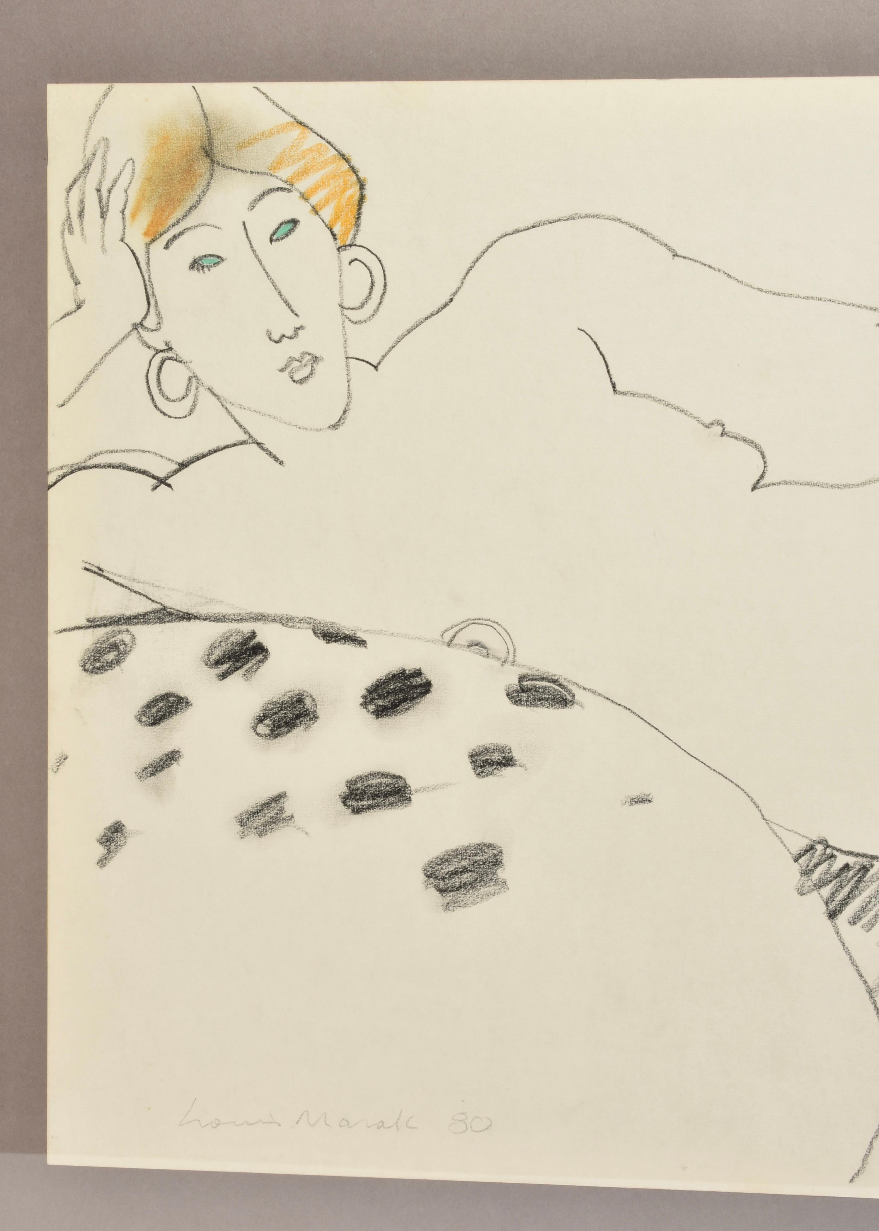 Große, minimalistische, figurative Zeichnung in Kohle mit zarten Farbakzenten, links unten signiert und datiert 