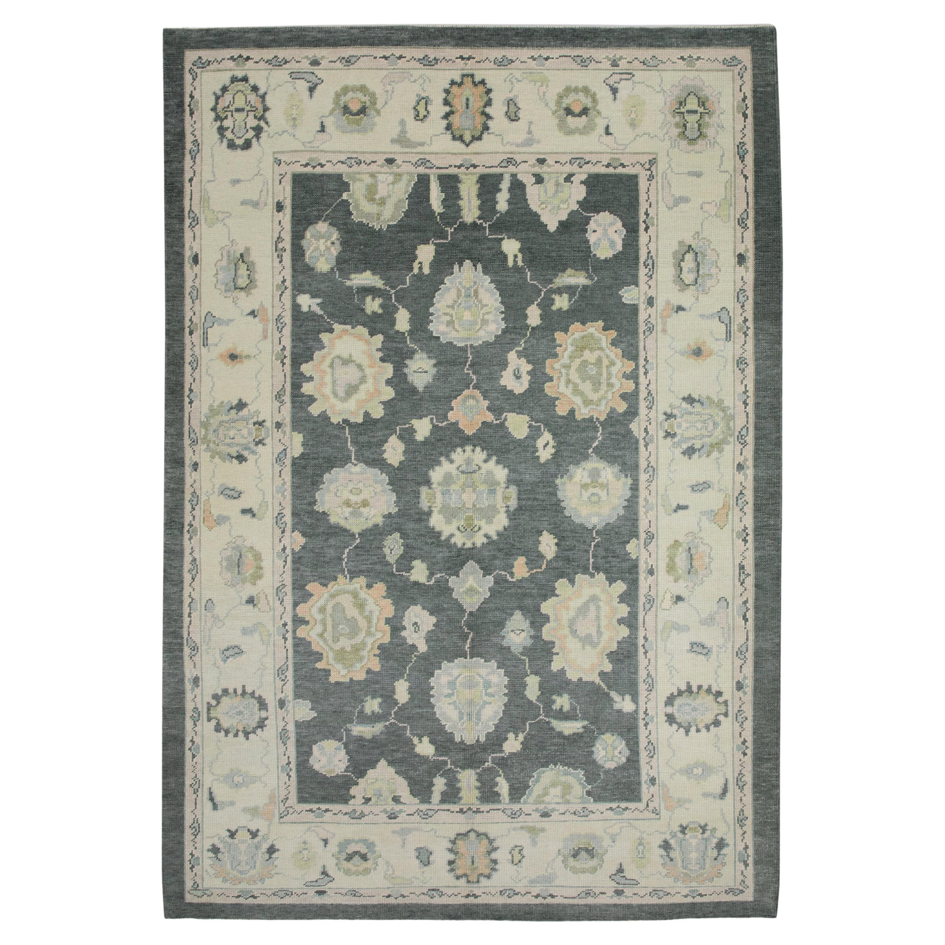 Charcoal Floral Design Handwoven Wool Turkish Oushak Rug 6'3" x 9' For Sale
