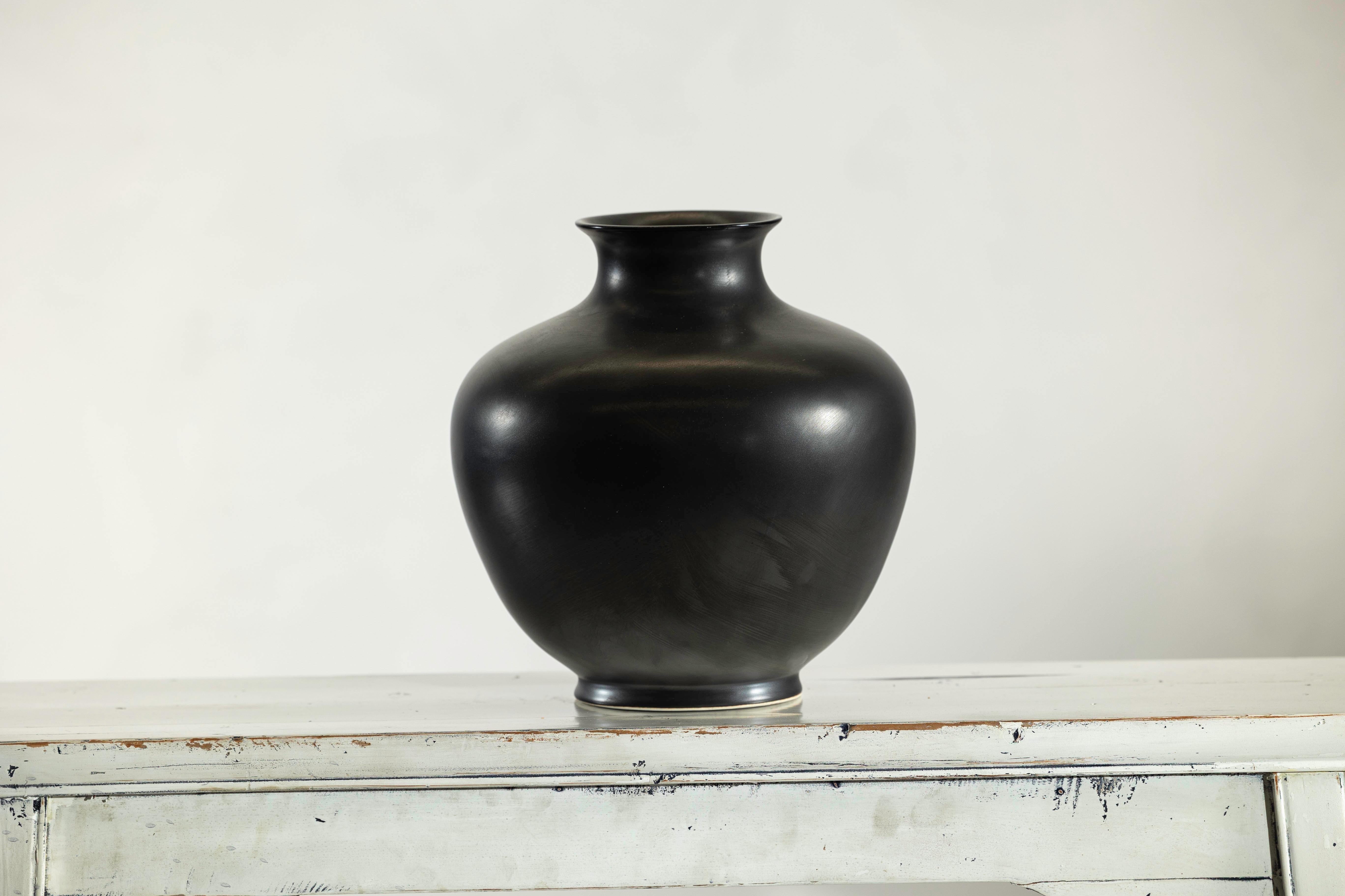Charcoal Glazed Ceramic Vase with Rounded Belly and Flared Neck For Sale 1