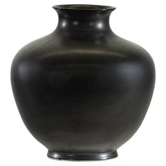 Charcoal Glazed Ceramic Vase with Rounded Belly and Flared Neck