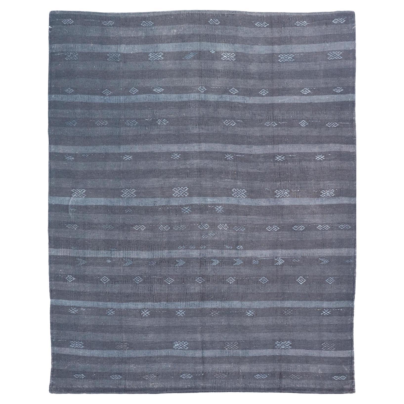 Alfombra Kilim Turca Vintage Gris Carbón con Motivos Geométricos 6'9" X9'2