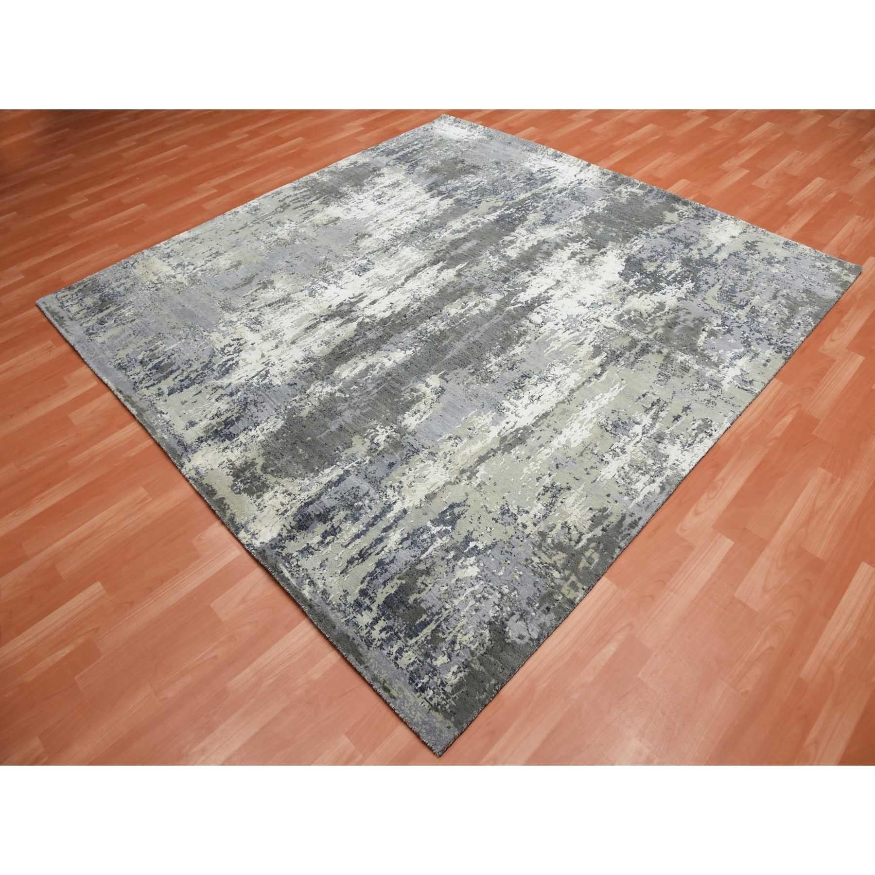 Modern Charcoal Gray Wool and Silk Denser Weave Persian Knot Hand Knotted Square Rug For Sale