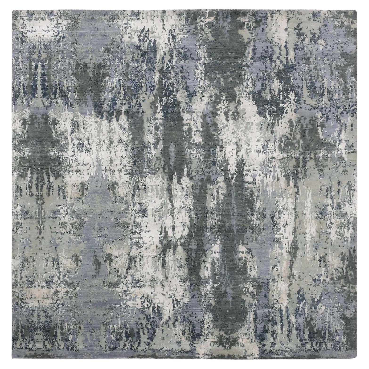 Charcoal Gray Wool and Silk Denser Weave Persian Knot Hand Knotted Square Rug
