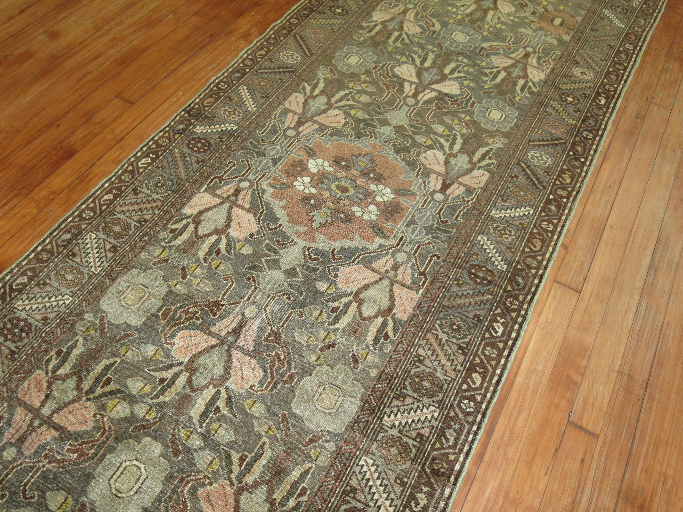Tabriz Charcoal Green Brown Traditional Wool Persian Malayer Oriental Runner For Sale