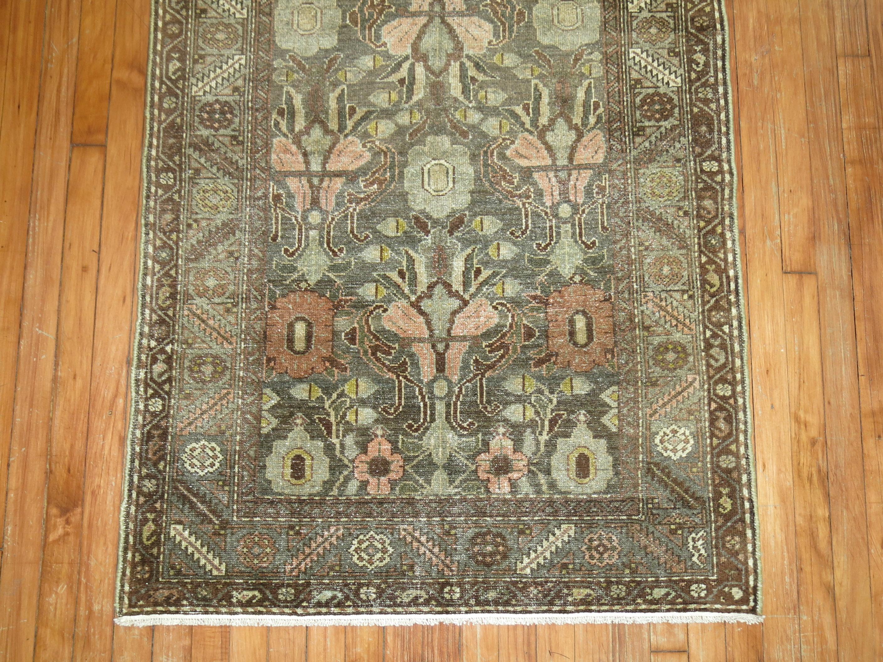 Hand-Knotted Charcoal Green Brown Traditional Wool Persian Malayer Oriental Runner For Sale