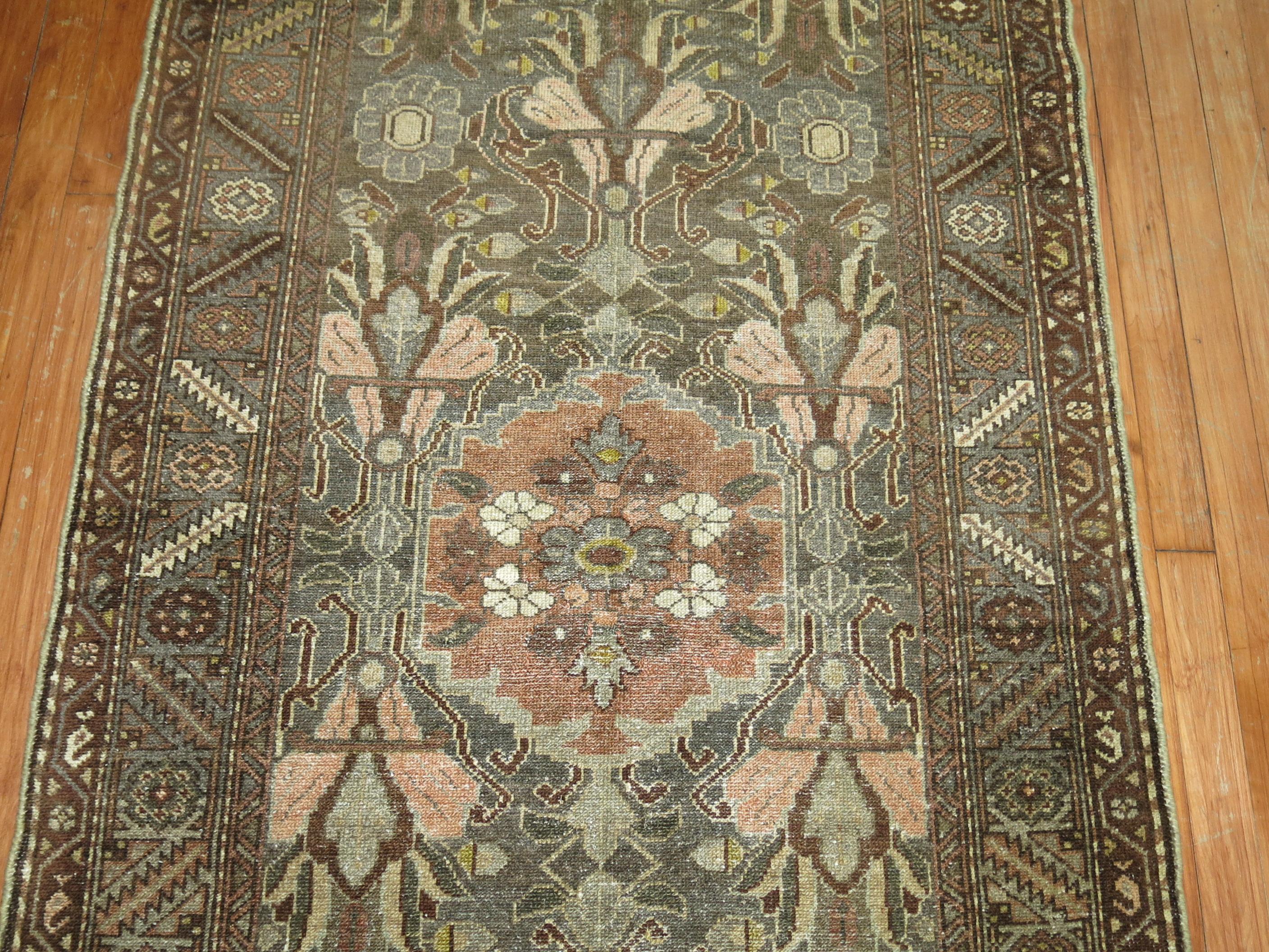 Charcoal Green Brown Traditional Wool Persian Malayer Oriental Runner In Good Condition For Sale In New York, NY