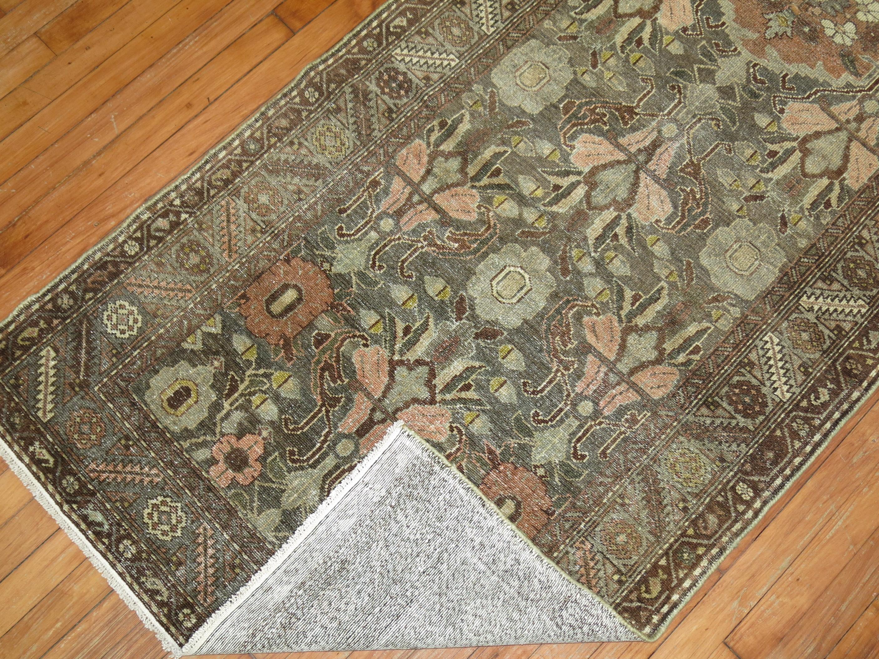 Early 20th Century Charcoal Green Brown Traditional Wool Persian Malayer Oriental Runner For Sale