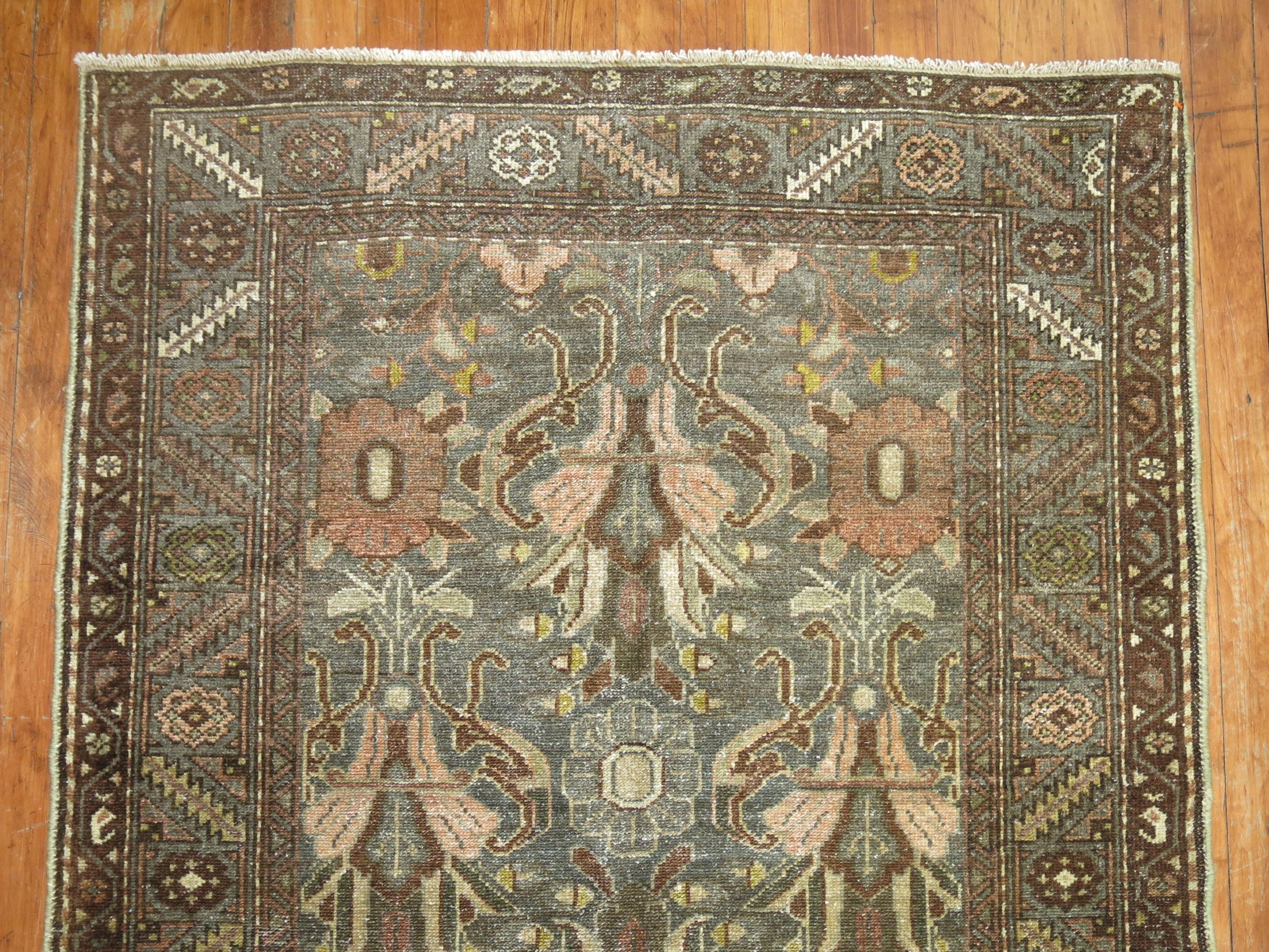 Charcoal Green Brown Traditional Wool Persian Malayer Oriental Runner For Sale 1