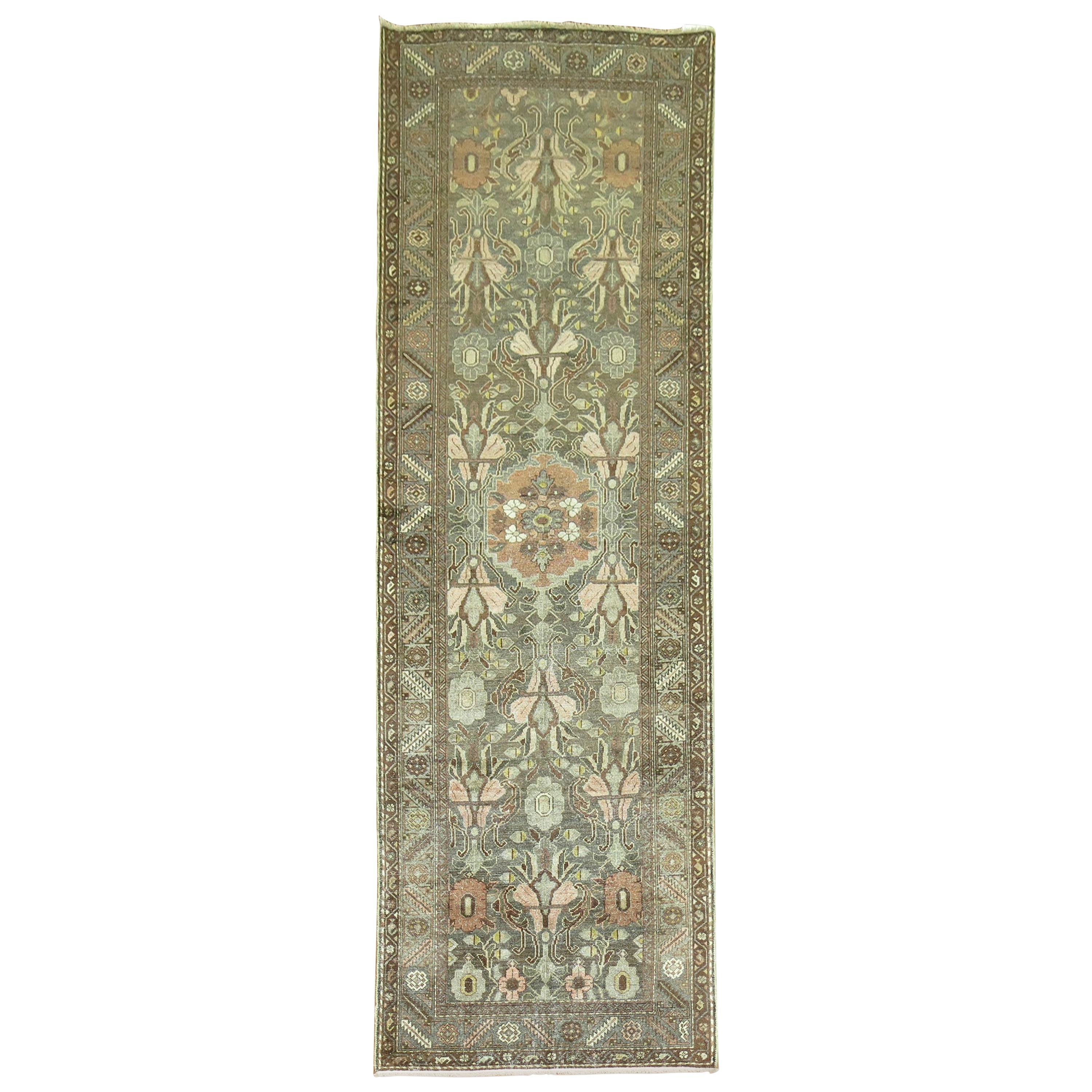 Charcoal Green Brown Traditional Wool Persian Malayer Oriental Runner For Sale