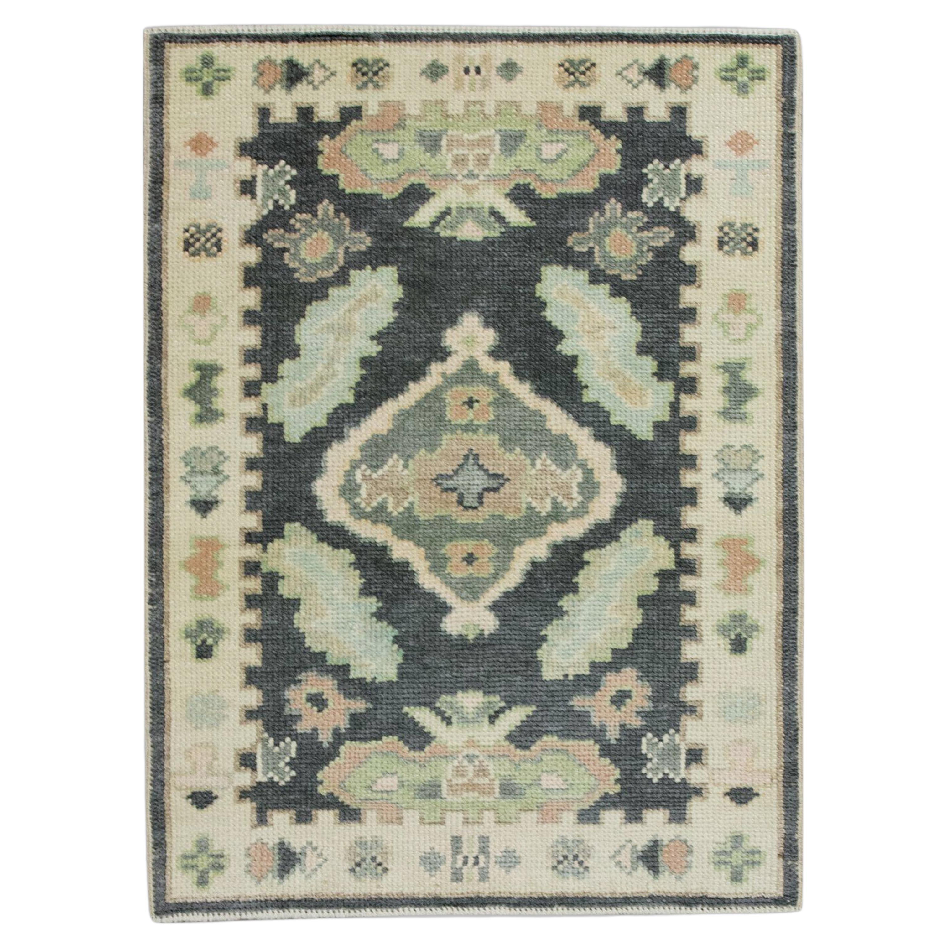 Charcoal and Blue Geometric Design Handwoven Wool Turkish Oushak Rug ...