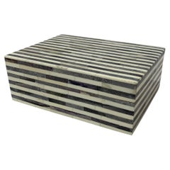Charcoal Grey And Cream Thin Stripes Bone Lidded Box, India, Contemporary