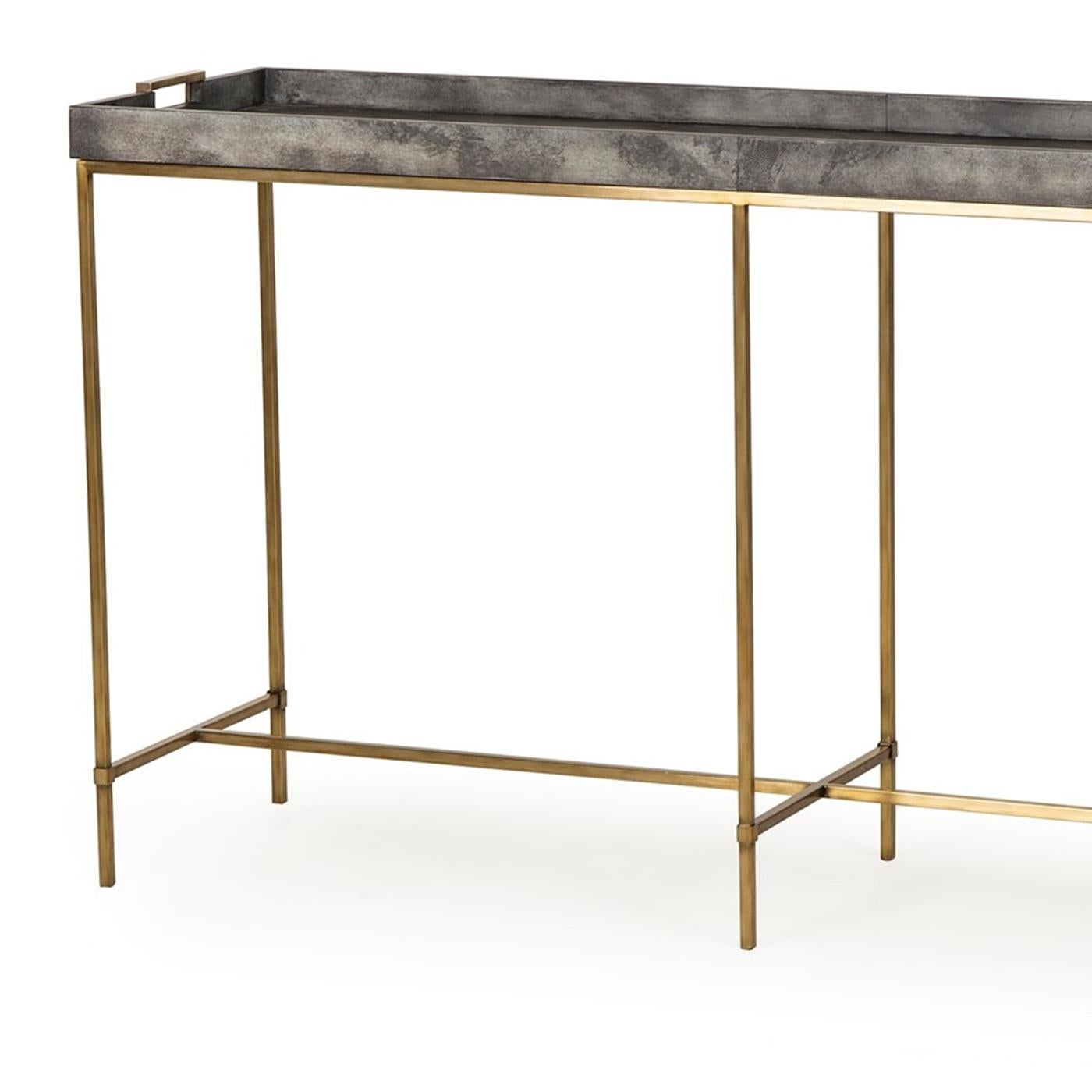 Console table charcoal grey with base
in stainless steel in brass finish. With top
in poplar wood painted in charcoal grey
finish.
Also available in coffee table and side table.