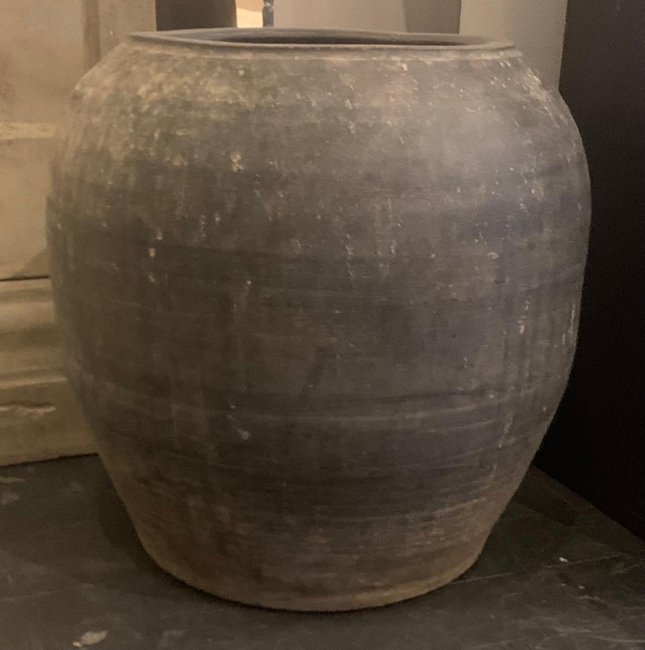 Chinese Charcoal Grey Weathered Terracotta Large Pot, China, 20th Century For Sale