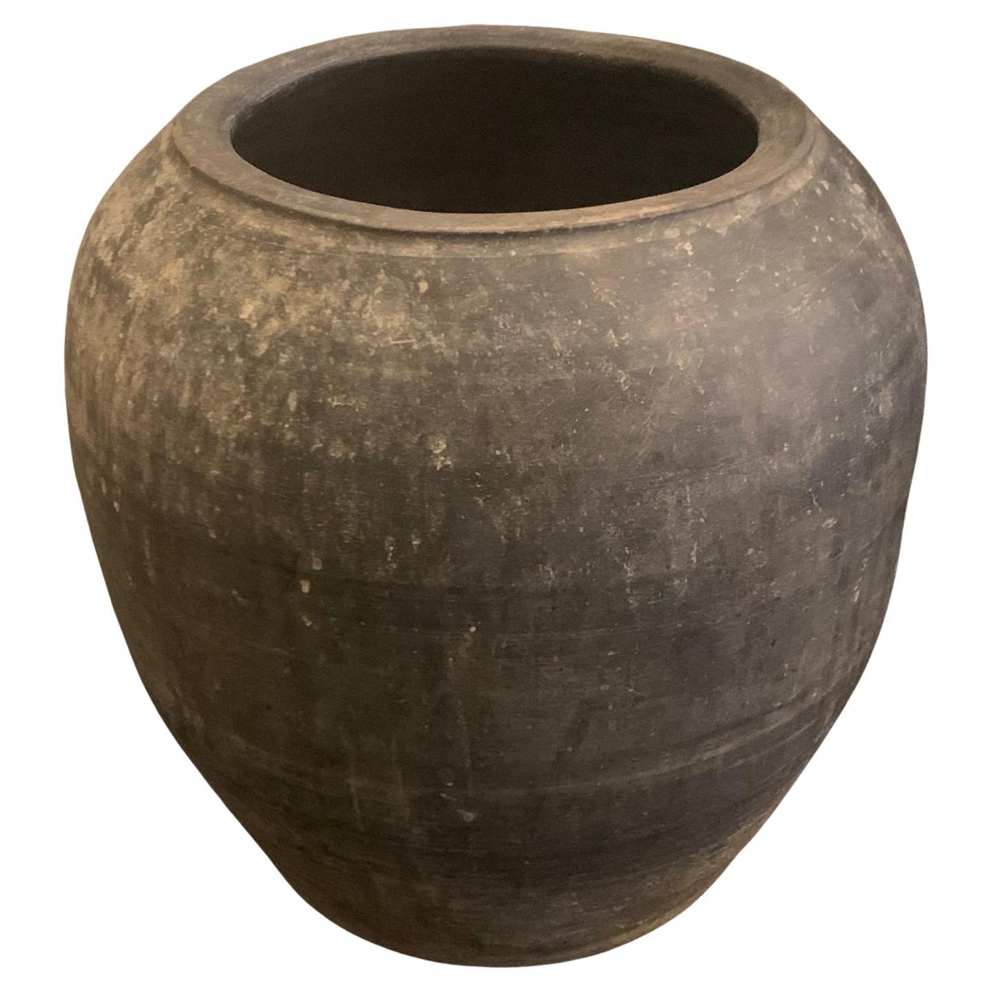 Charcoal Grey Weathered Terracotta Large Pot, China, 20th Century