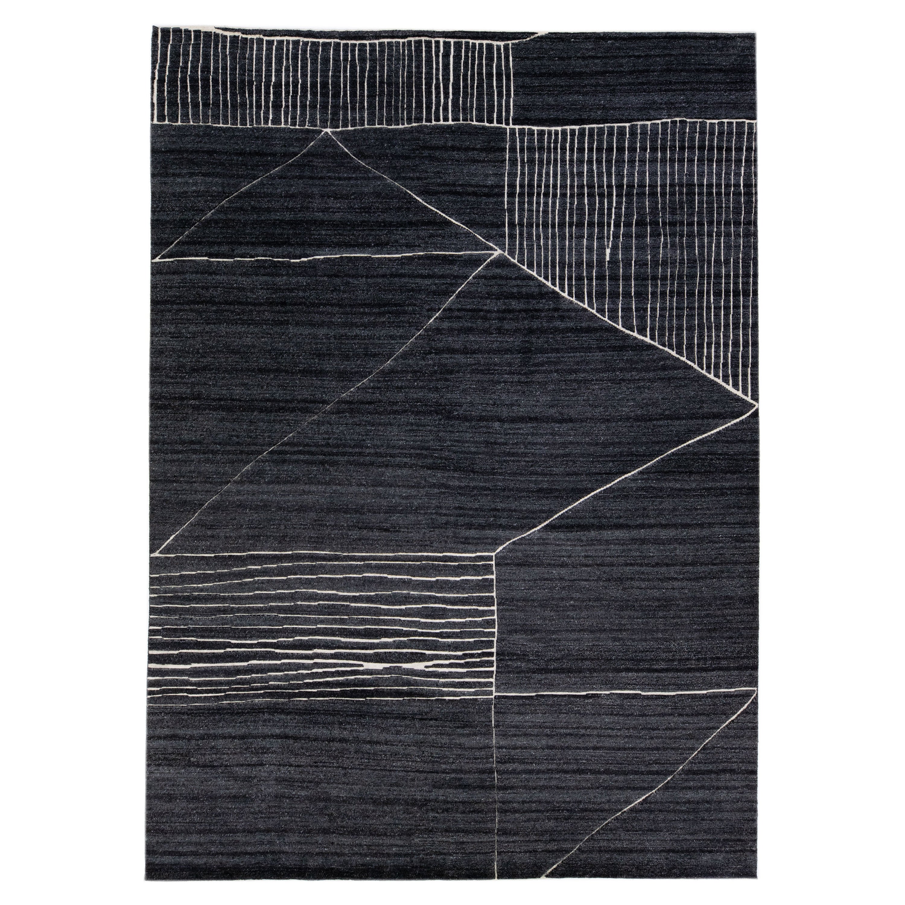 Charcoal Modern Moroccan Style Handmade Geometric Wool Rug by Apadana