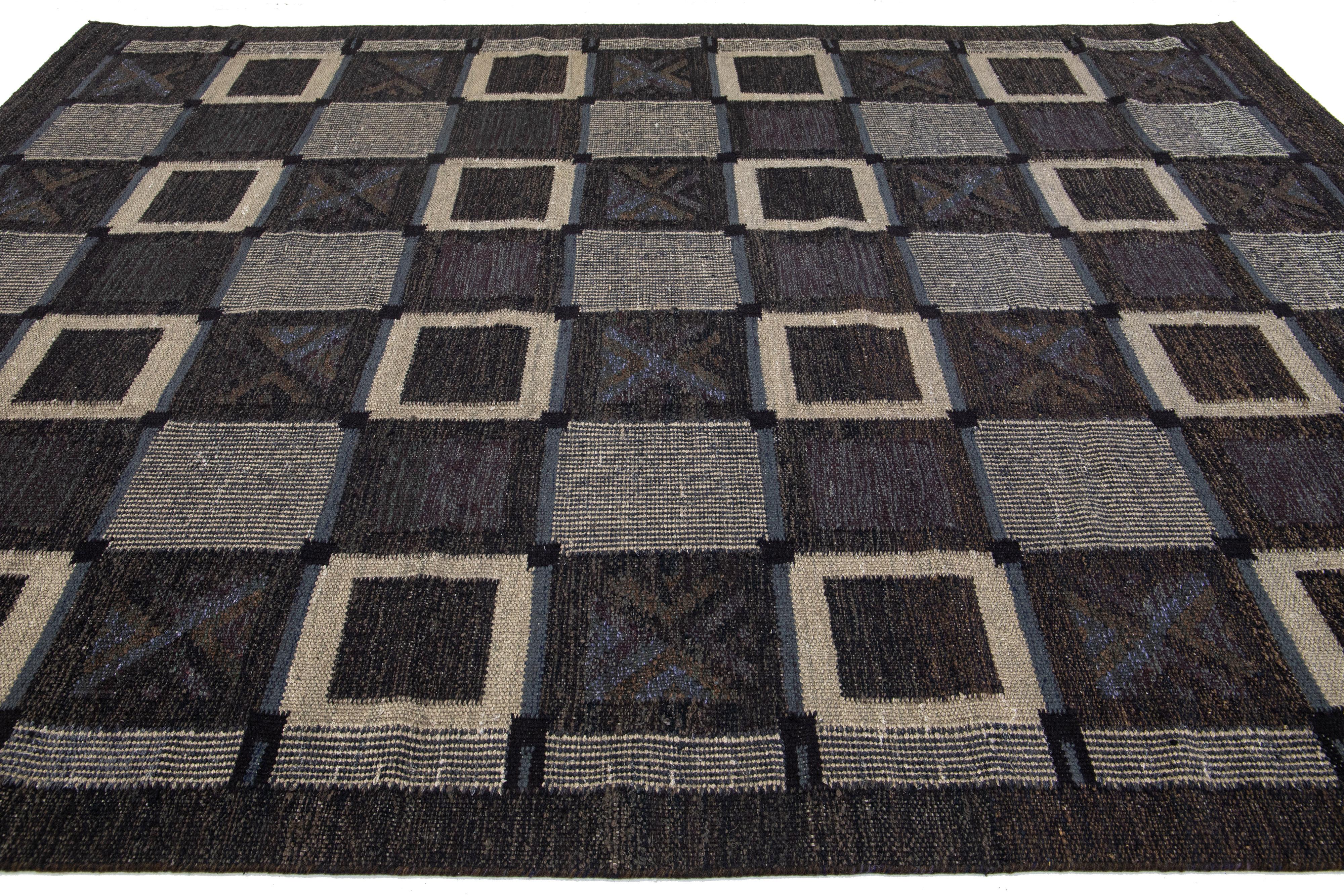 Indian Charcoal Modern Swedish Style Room Size Wool Rug With Art Deco Motif For Sale